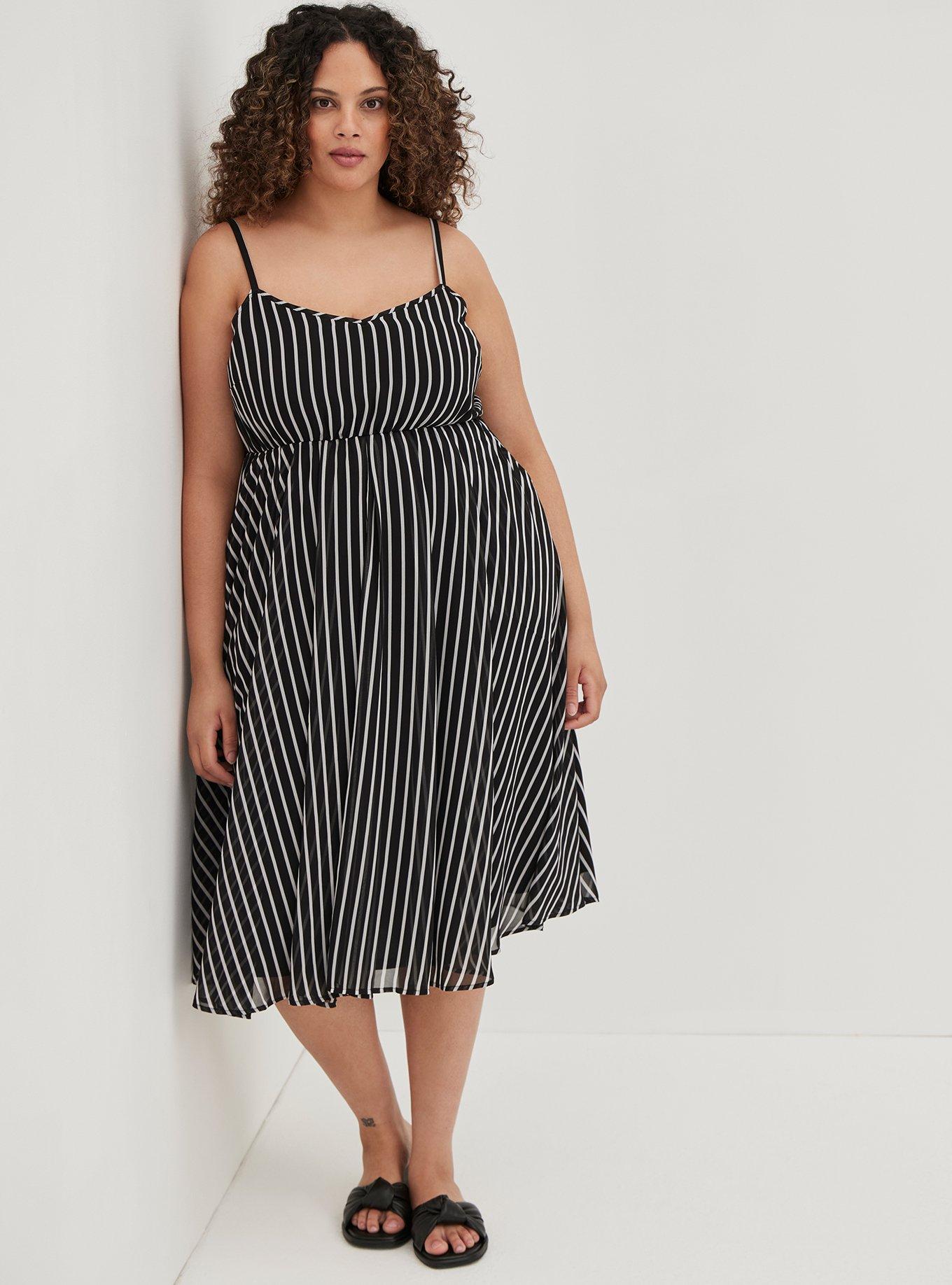 Plus Size Midi Chiffon Pleated Dress, STRIPE BLACK WHITE, alternate