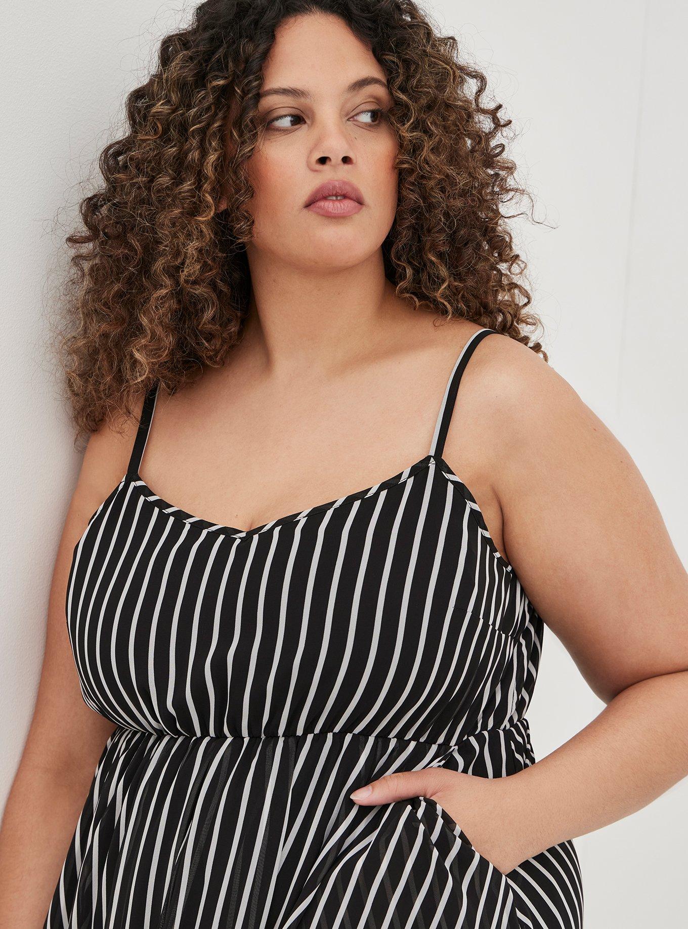 Plus Size Midi Chiffon Pleated Dress, STRIPE BLACK WHITE, alternate
