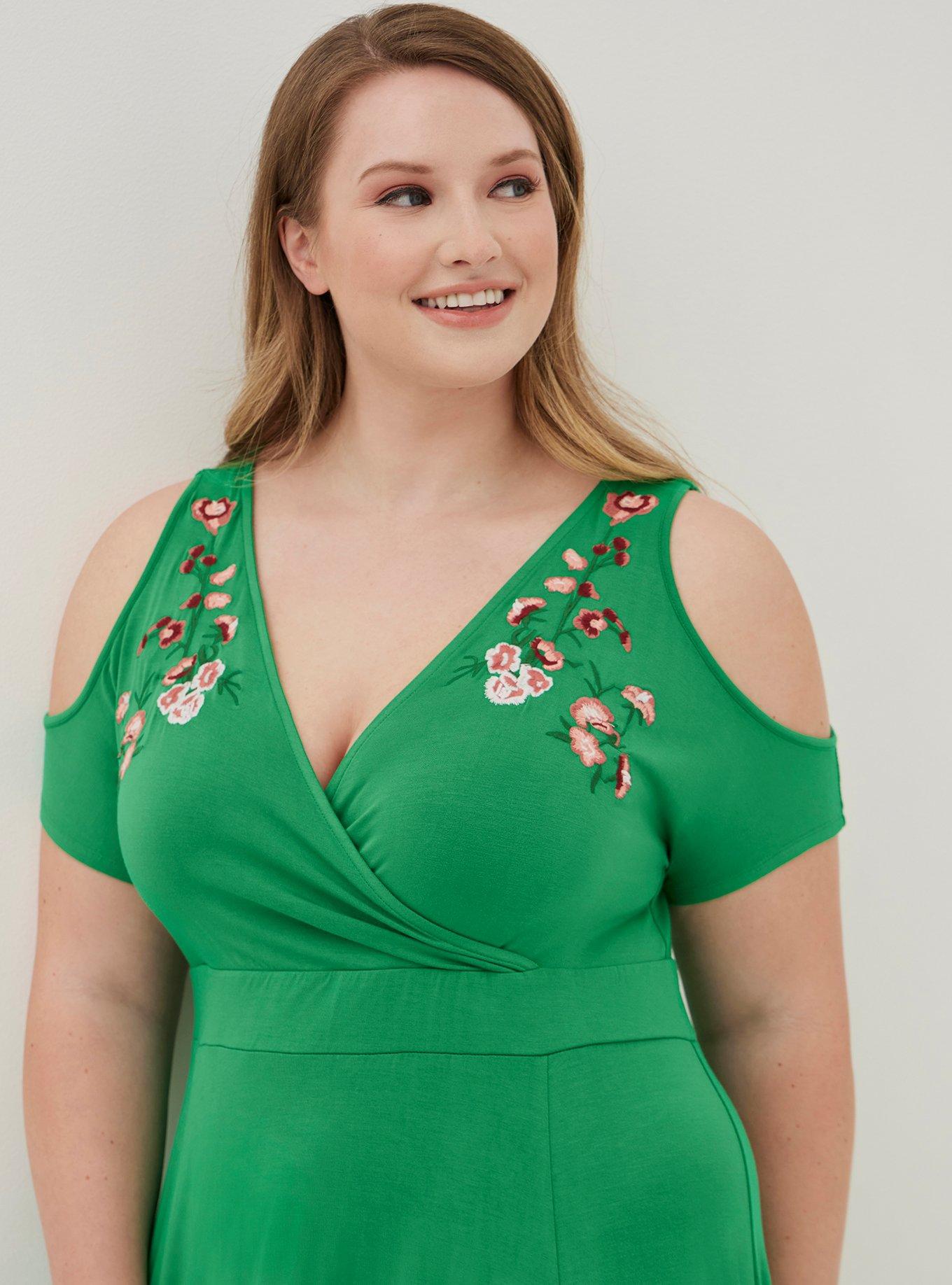 Plus Size Embroidered Cold Shoulder Surplice Maxi Dress Super Soft Green Torrid