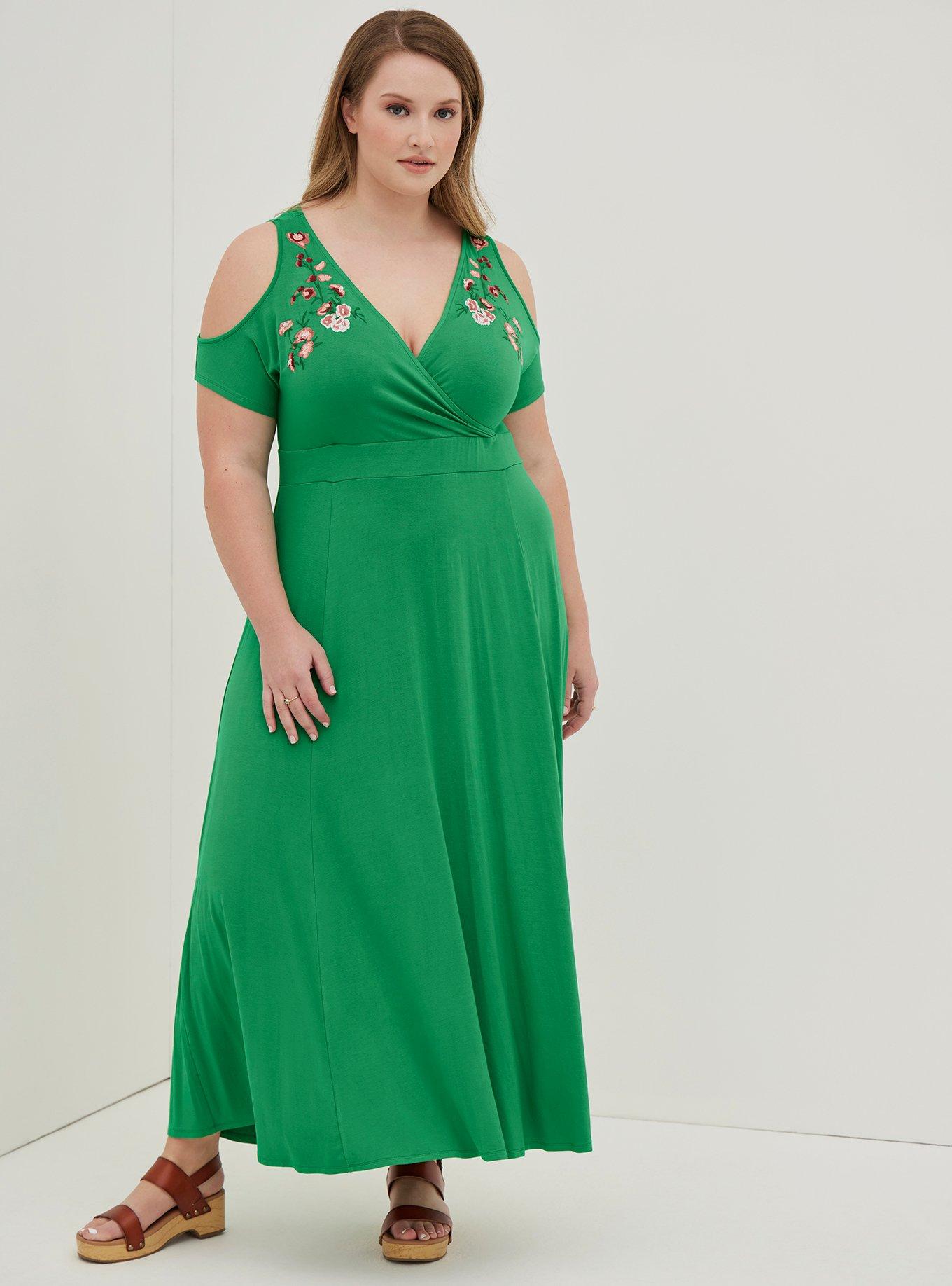 green torrid dress Plus Size - Embroidered Cold Shoulder Surplice Maxi Dress - Super Soft Green