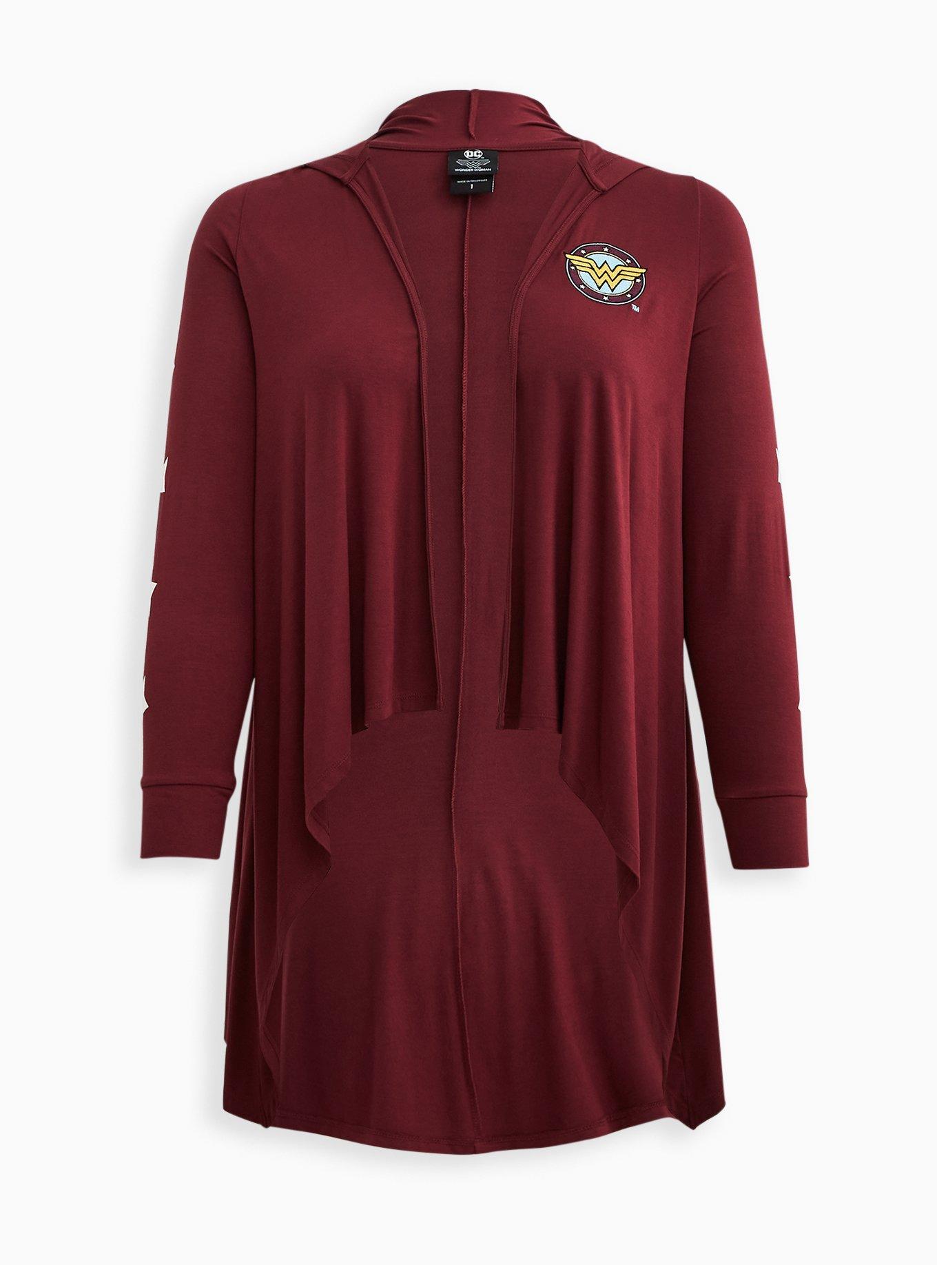 DC Wonder Woman Drape Hooded Cardigan - Red, BURGUNDY, hi-res