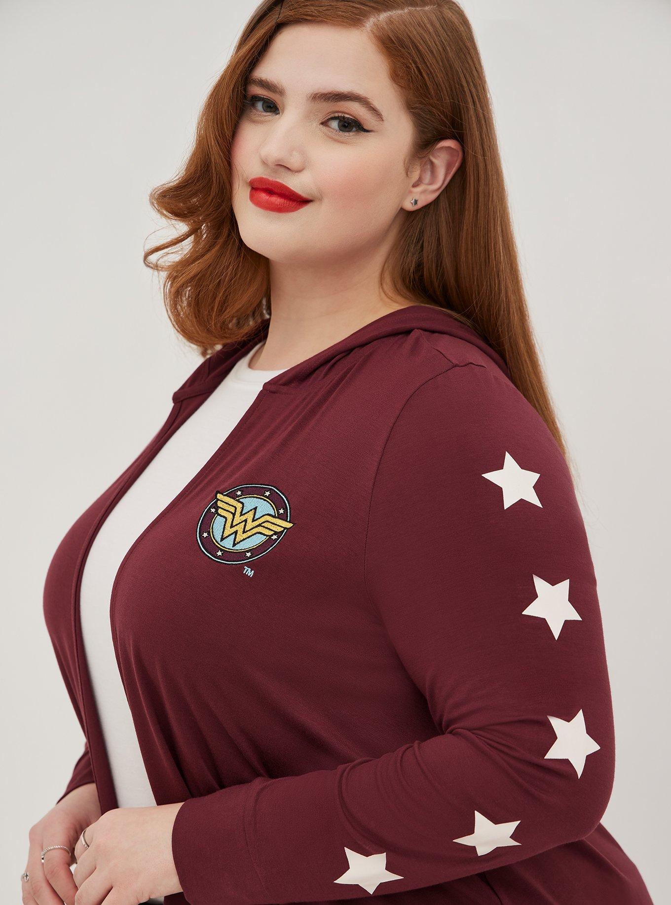 DC Wonder Woman Drape Hooded Cardigan - Red, BURGUNDY, hi-res