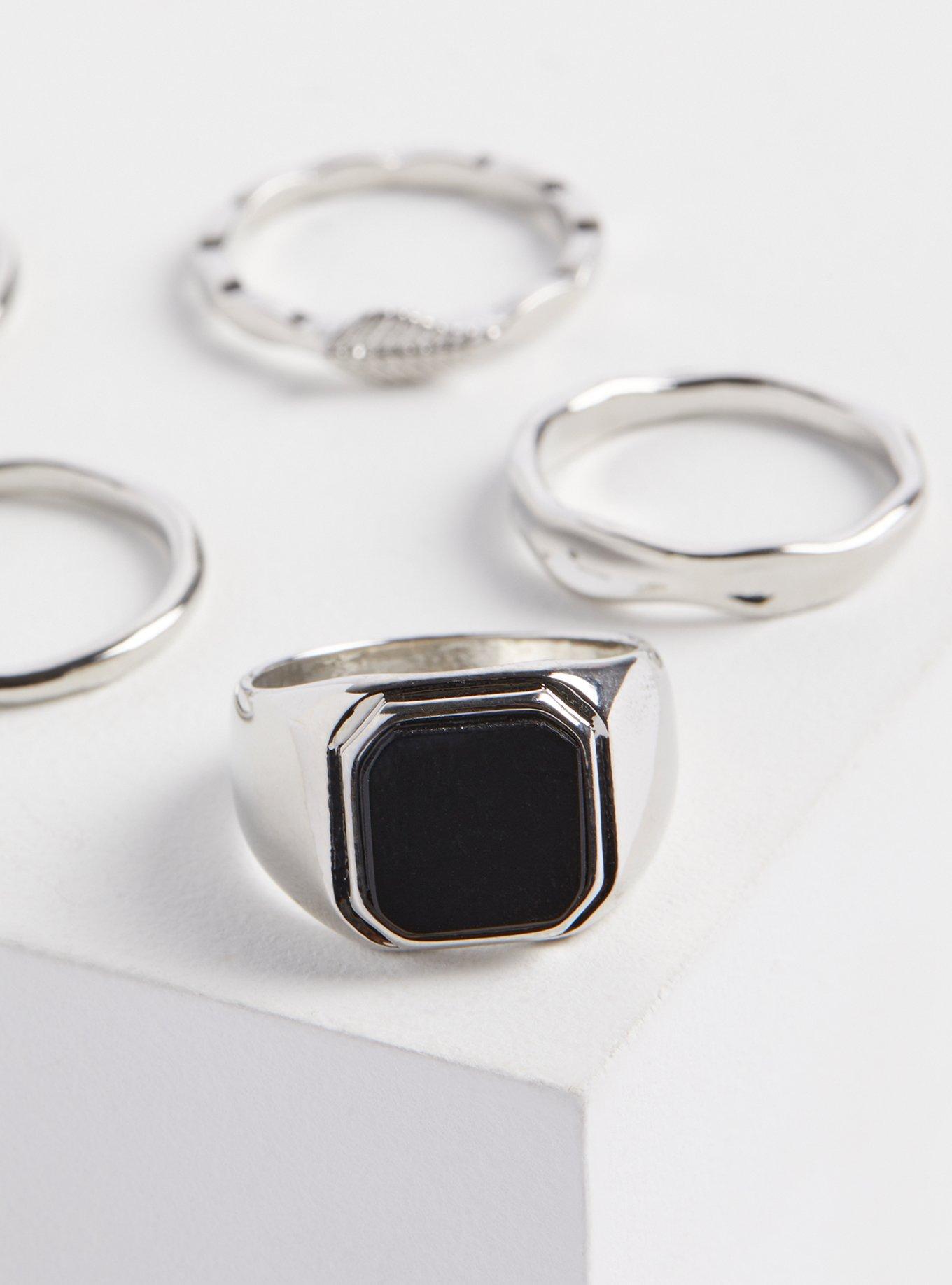 Plus Size Signet Ring Set - Silver Tone & Black, SILVER, alternate