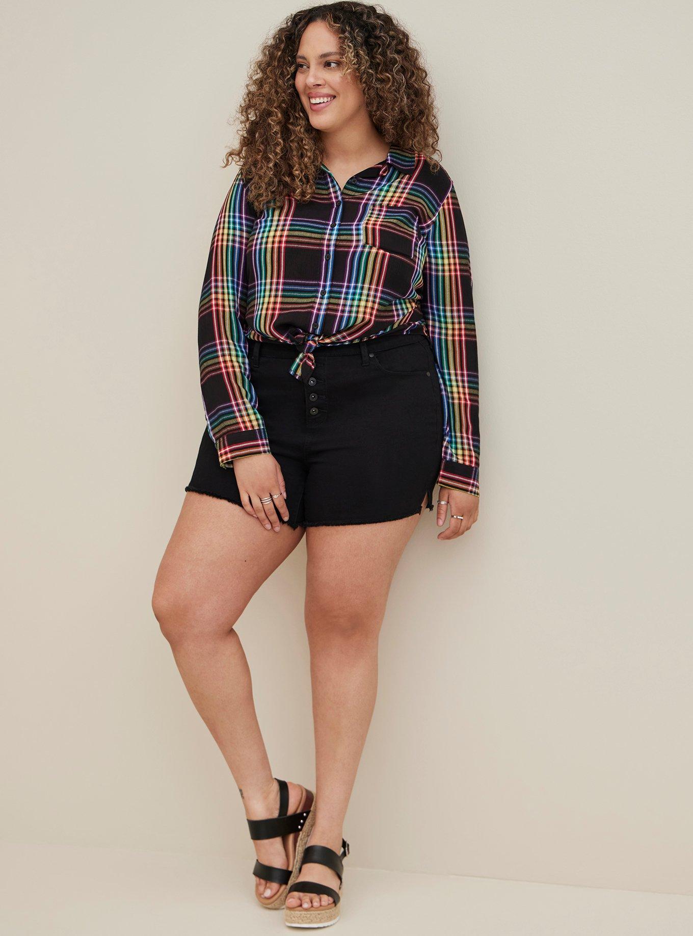 Plus Size Lizzie Rayon Crepe Button-Up Long Sleeve Shirt, PLAID MULTI, alternate