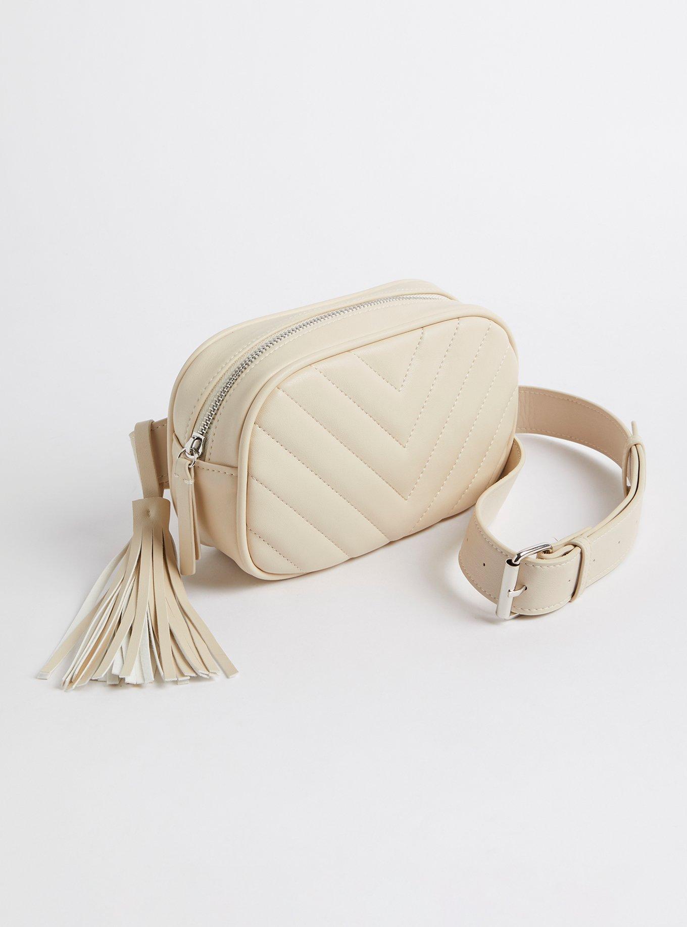 Plus Size Belt Bag with Tassel - Faux Leather Quilted Cream, , alternate