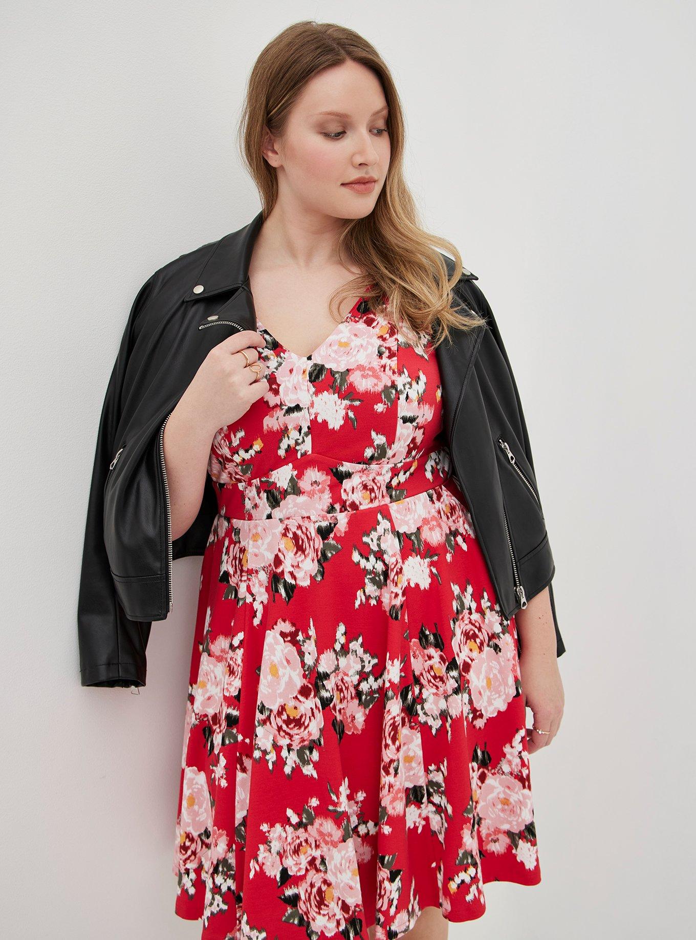 Plus Size Contouring Fit & Flare Dress - Ponte Floral Red, FLORAL RED, alternate