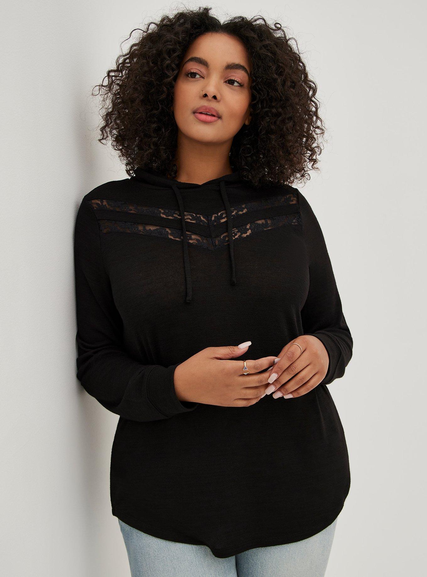 Plus Size Super Soft Plush Lace Inset Hoodie, DEEP BLACK, alternate