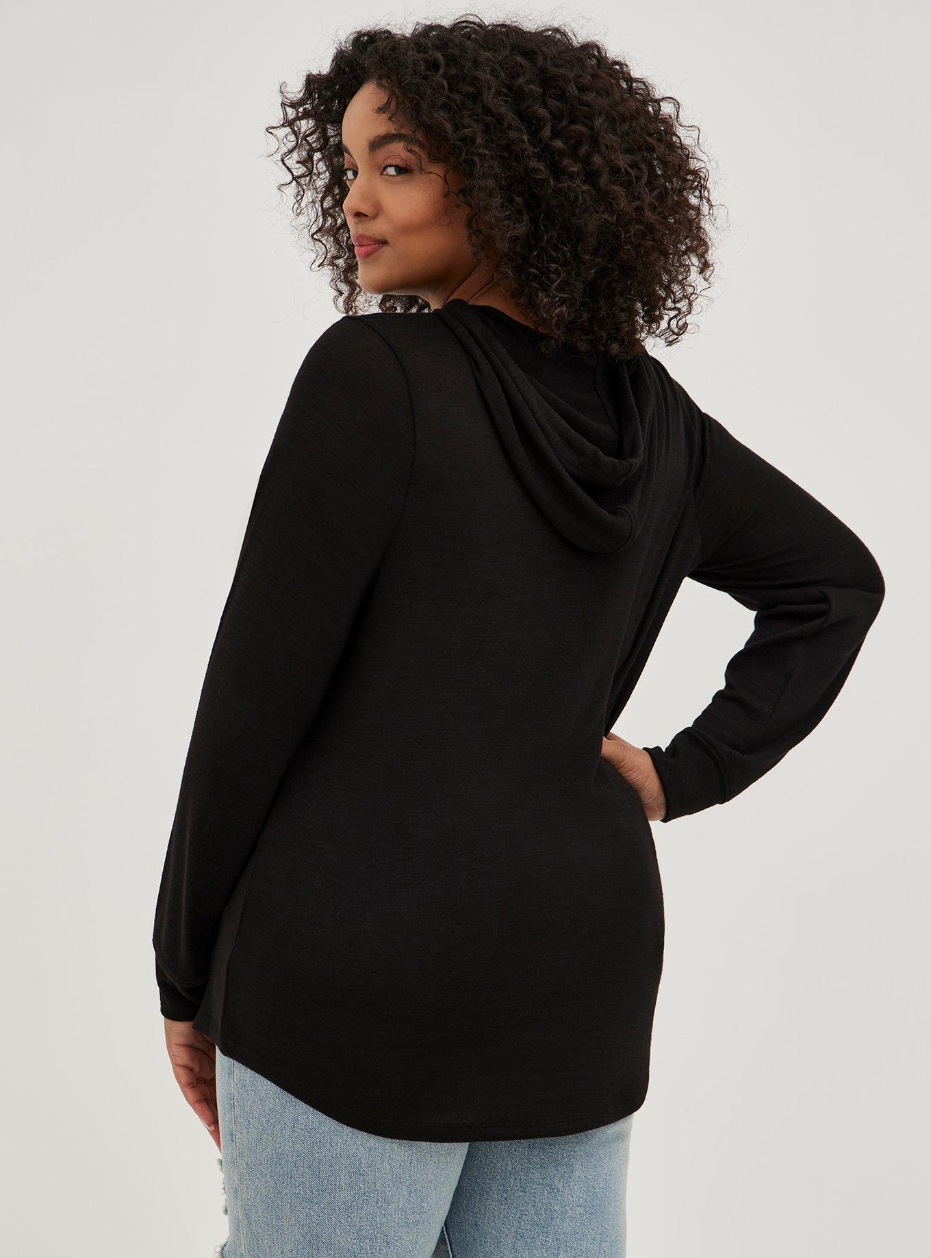 Plus Size Super Soft Plush Lace Inset Hoodie, DEEP BLACK, alternate