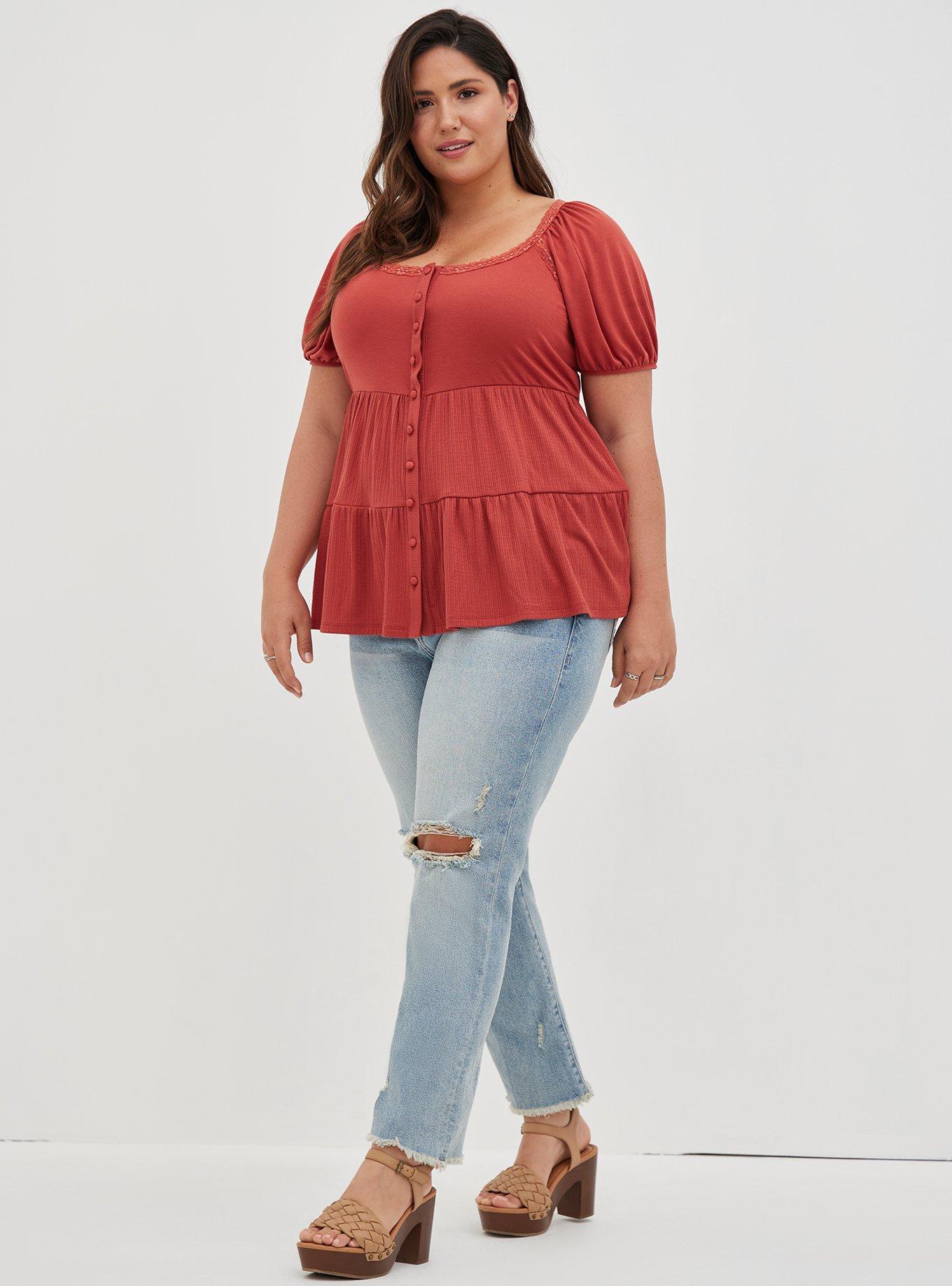 Plus Size Textured Jersey Scoop Neck Tiered Babydoll Top, , hi-res