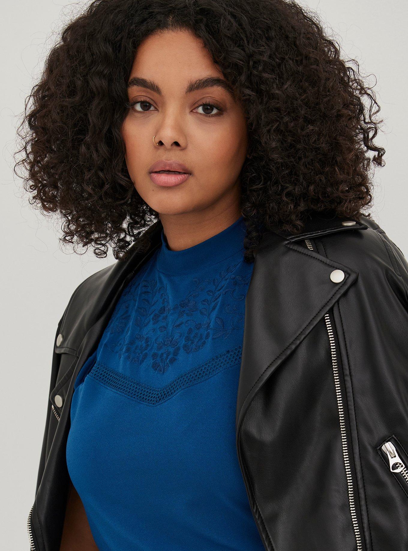 Plus Size Studio Crepe Mock Neck Crochet Embroidered Yoke Top, BLUE, alternate