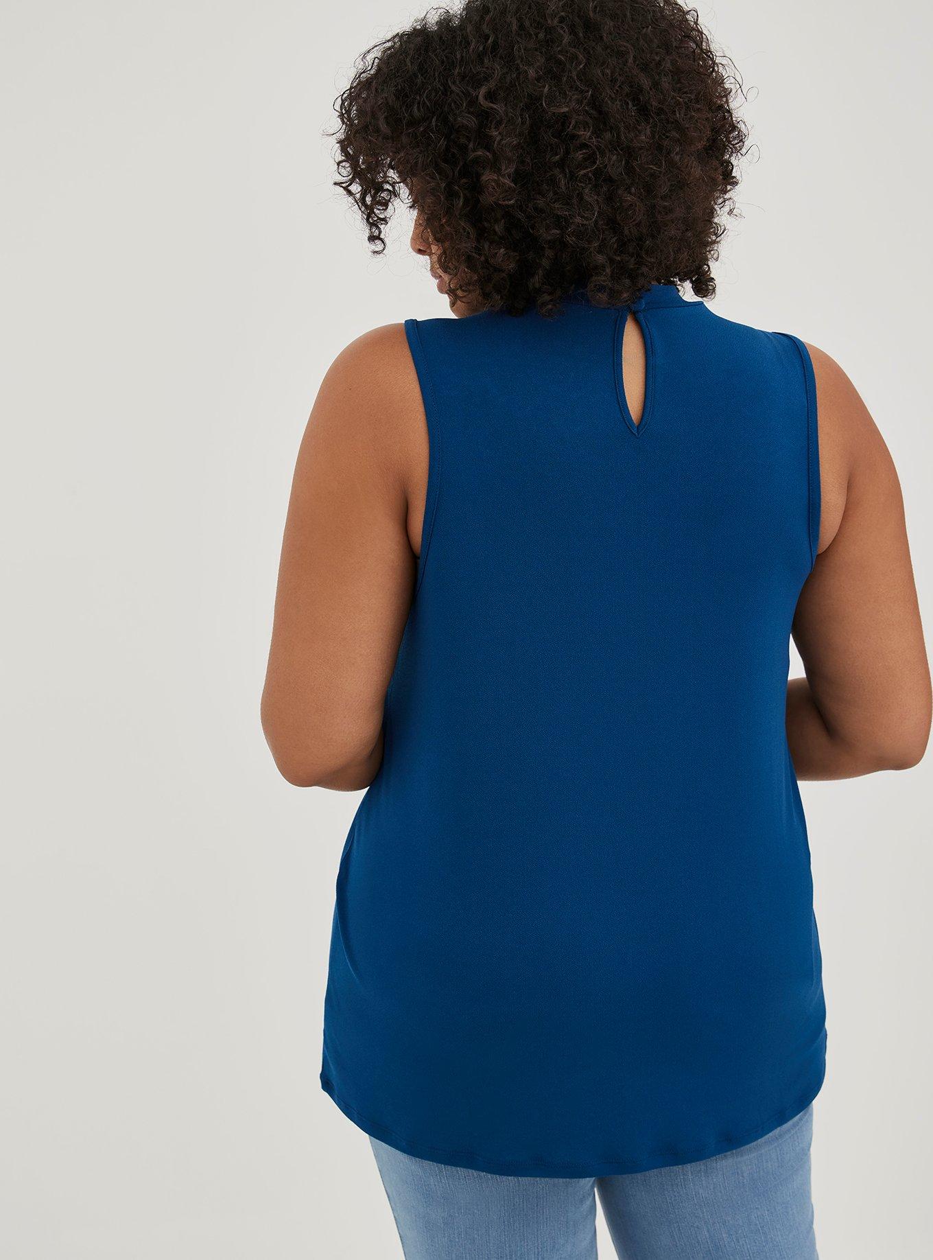 Plus Size Studio Crepe Mock Neck Crochet Embroidered Yoke Top, BLUE, alternate