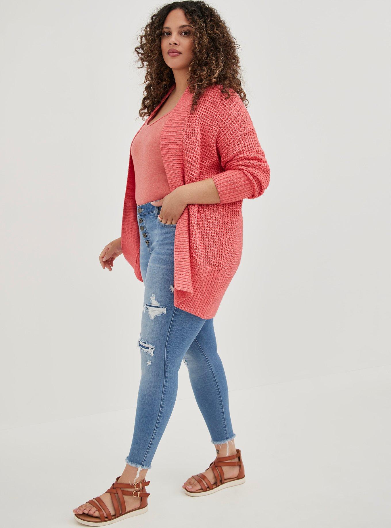 Waffle Cardigan Sweater, PINK, alternate