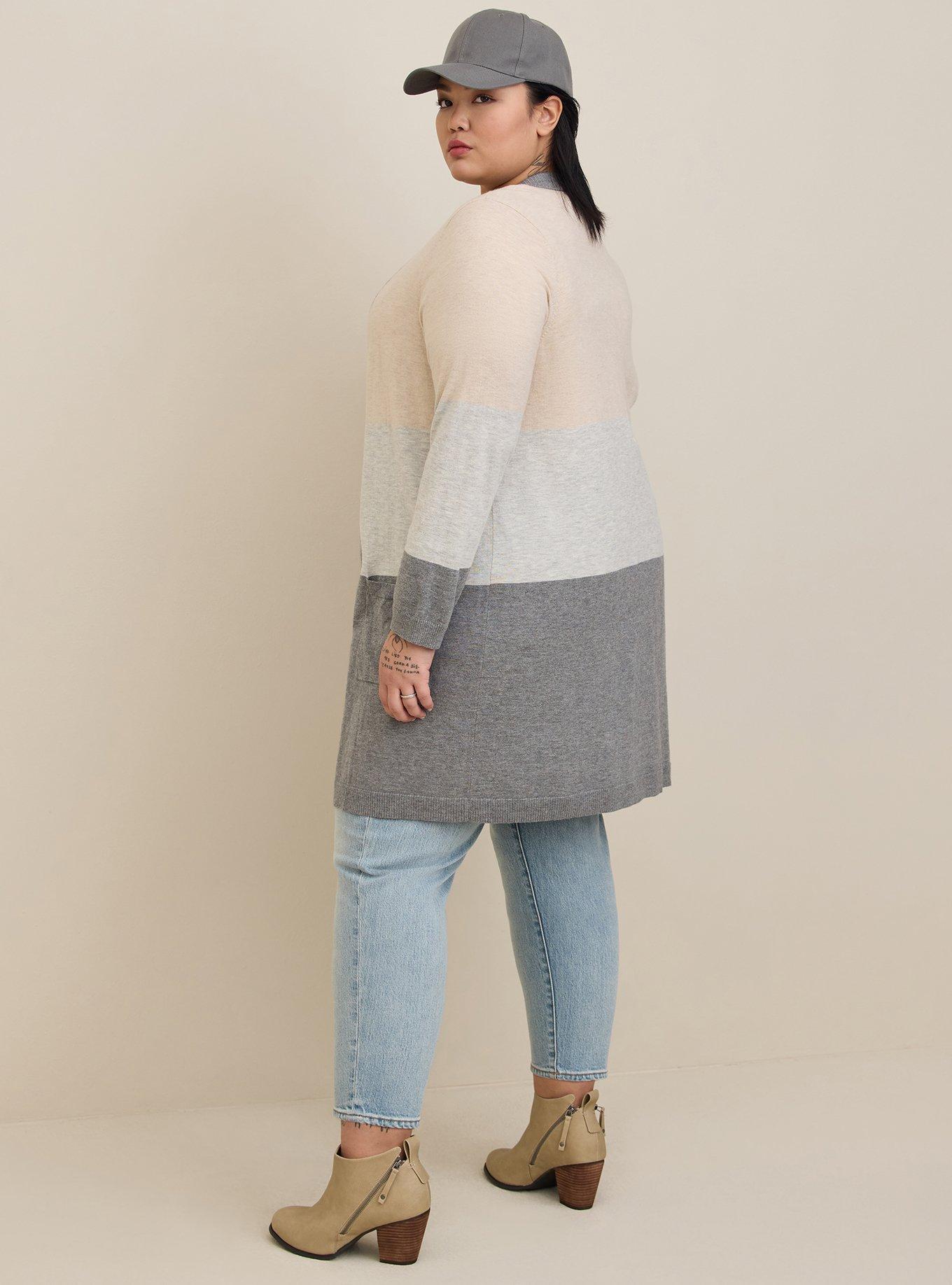 Plus Size Longline Open Front Cardigan - Cotton Colorblock, MULTI STRIPE, alternate