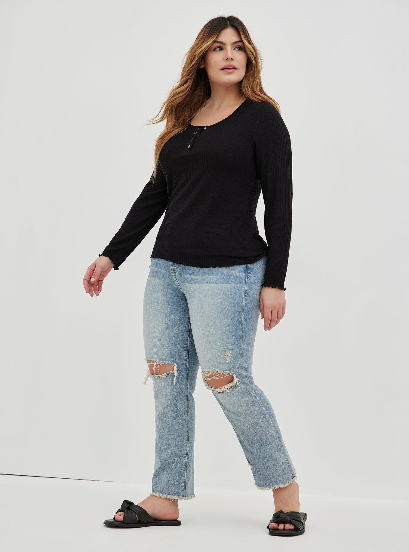 Plus Size Light Weight Rib Hacci Henley Long Sleeve Top, DEEP BLACK, alternate