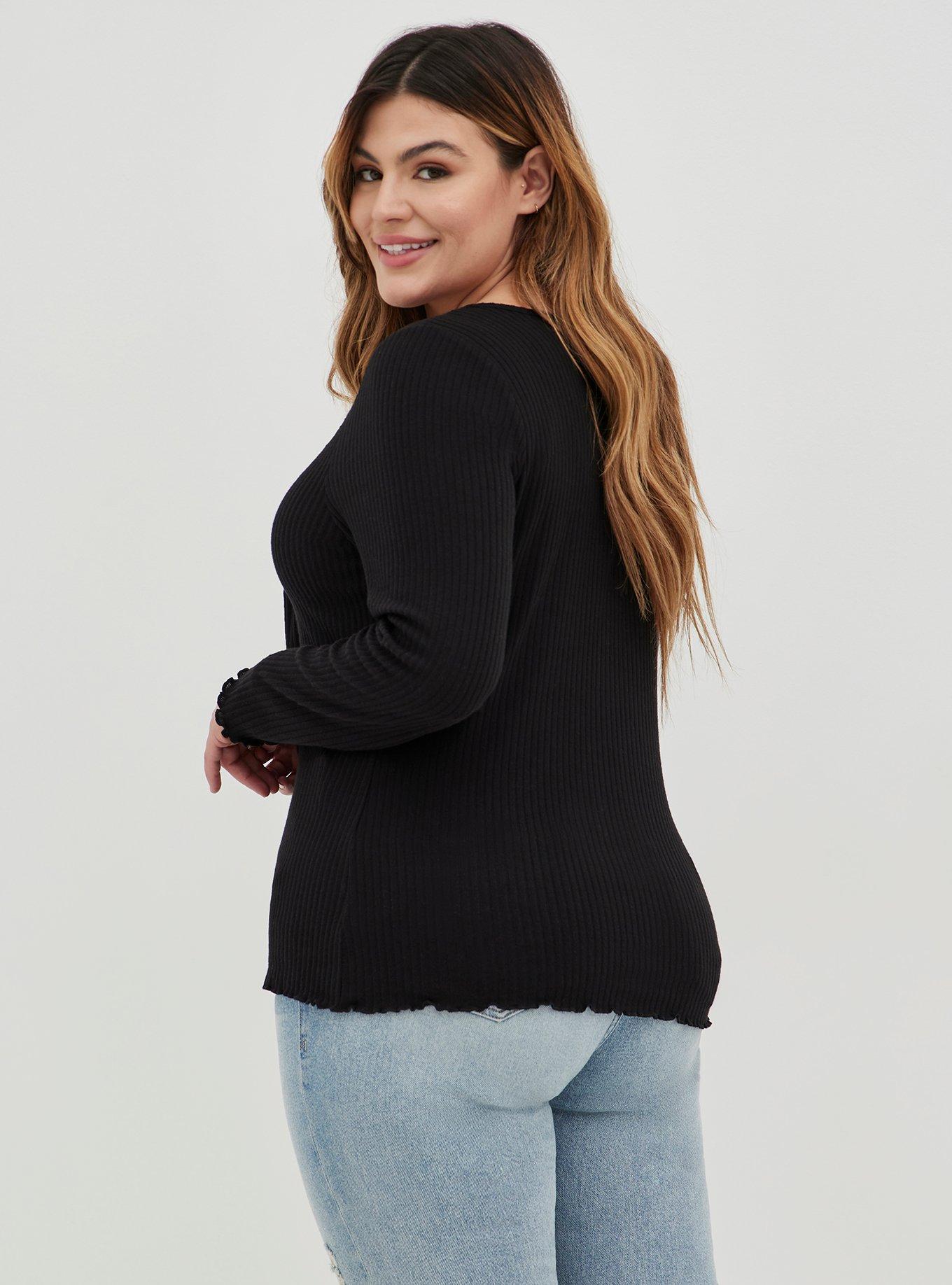 Plus Size Light Weight Rib Hacci Henley Long Sleeve Top, DEEP BLACK, alternate