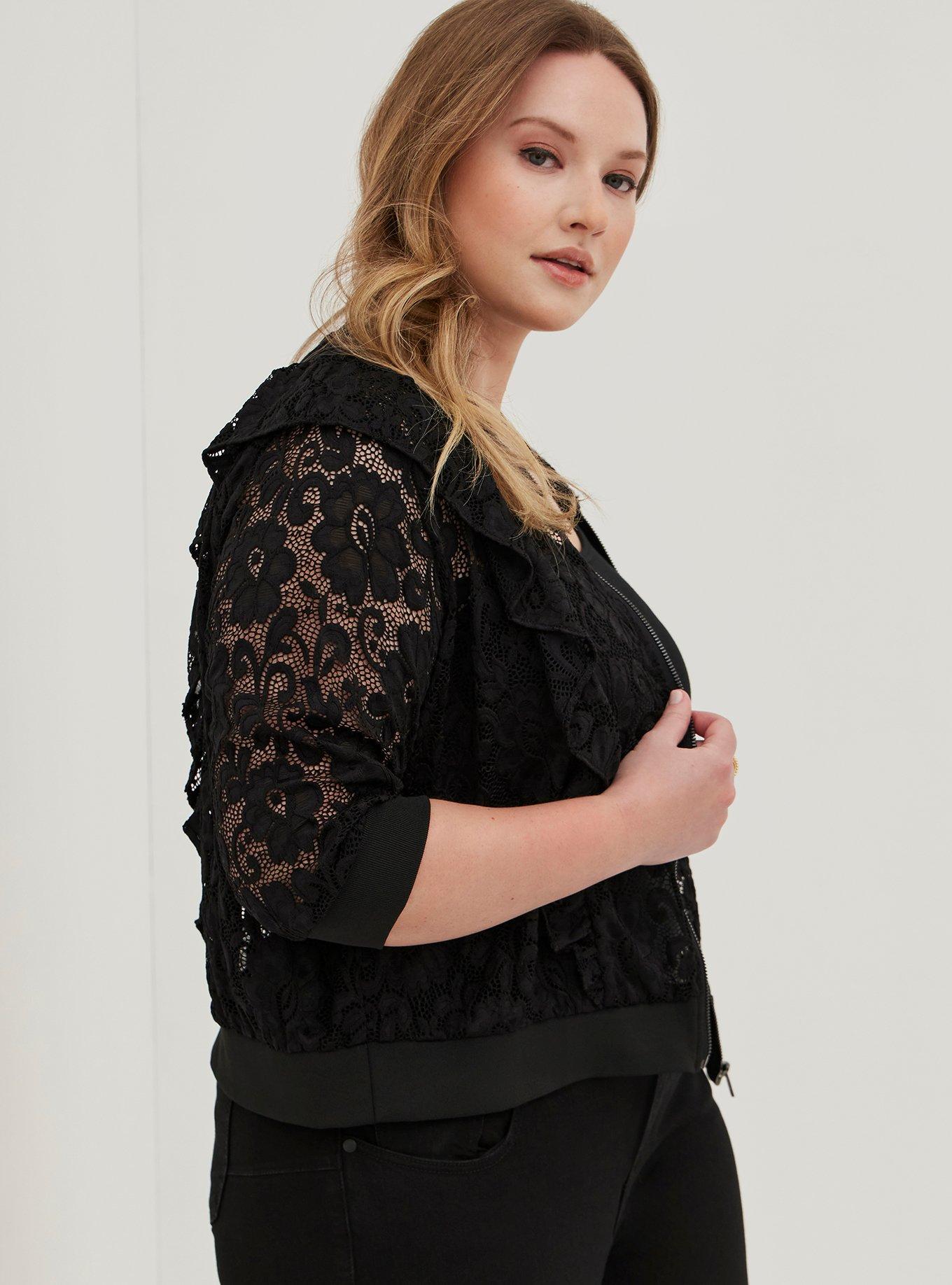 Plus Size Ruffle Crop Bomber - Lace Black, DEEP BLACK, alternate