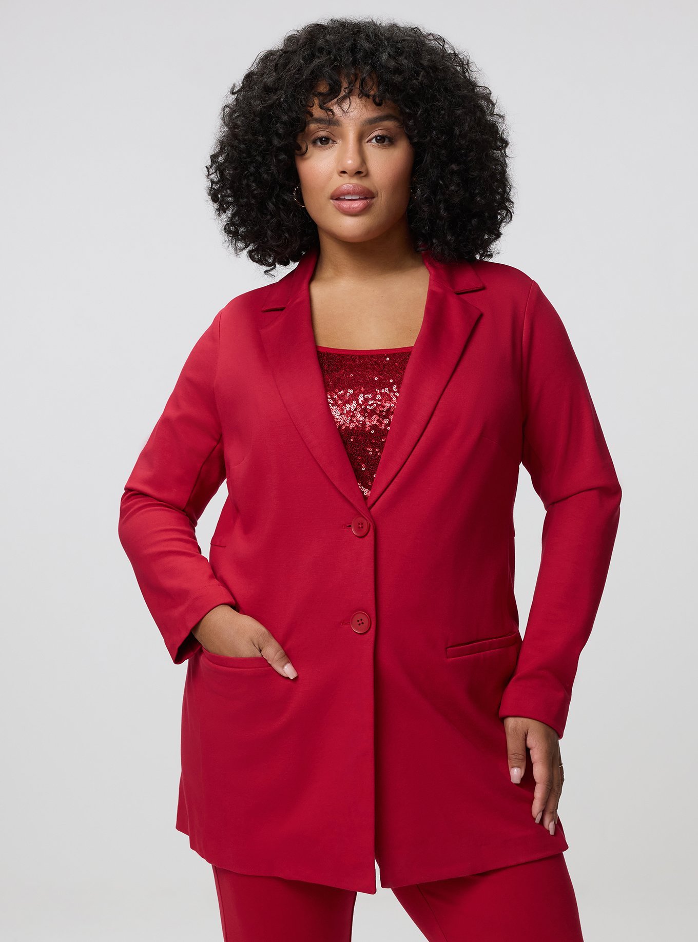 Plus Size Lightweight Ponte Longline Blazer, JESTER RED, hi-res