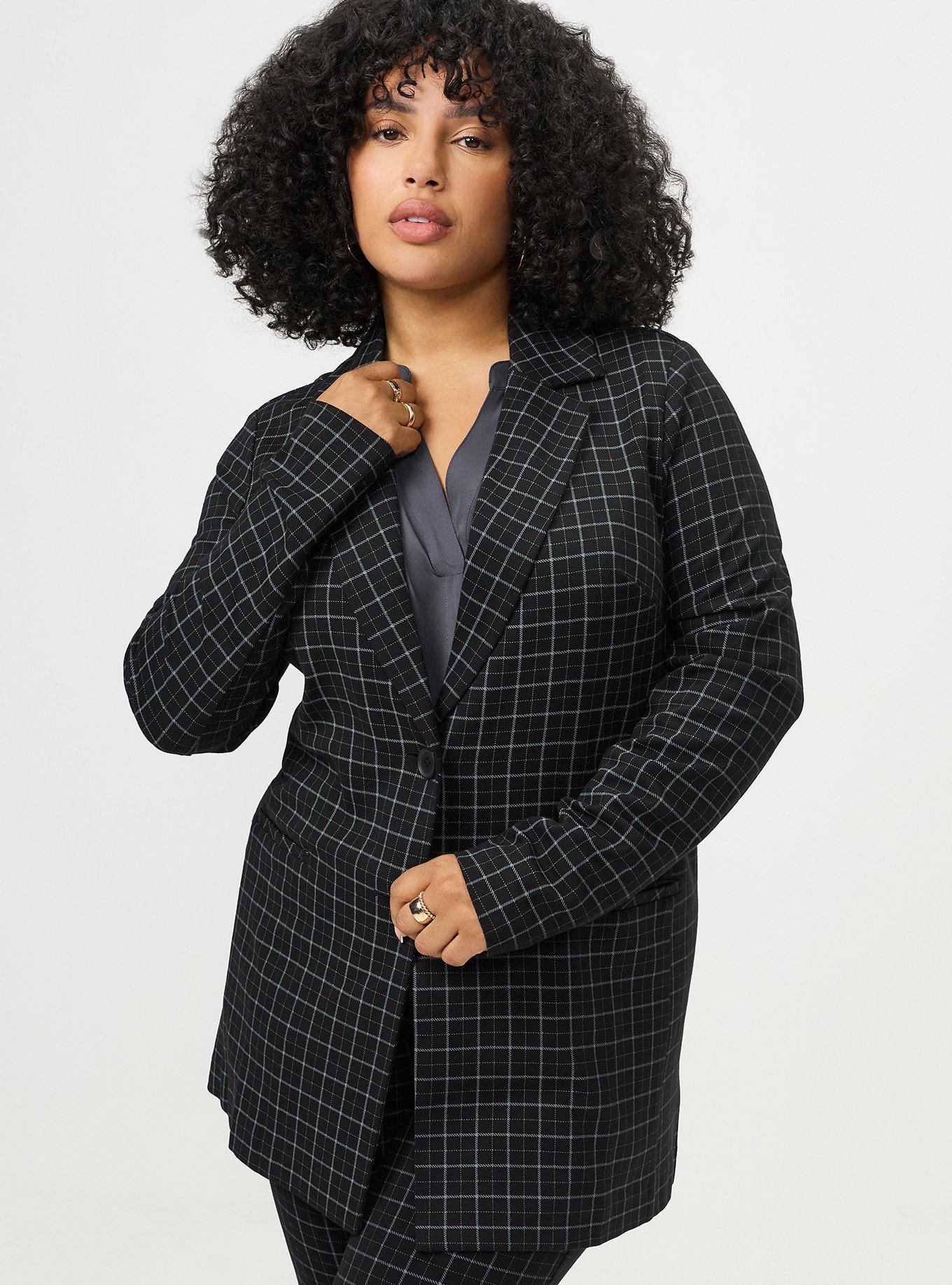 Plus Size Lightweight Ponte Longline Blazer, ROCKWELL PLAID BLACK, alternate