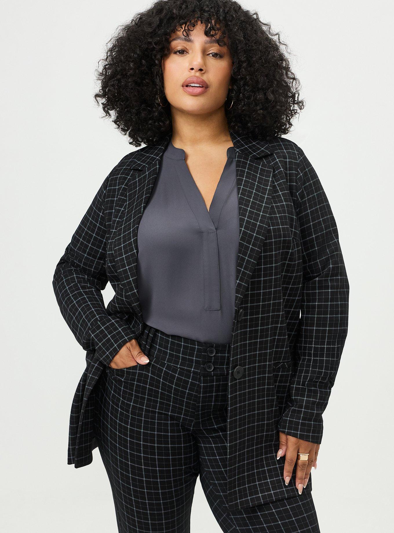 Plus Size Lightweight Ponte Longline Blazer, ROCKWELL PLAID BLACK, hi-res