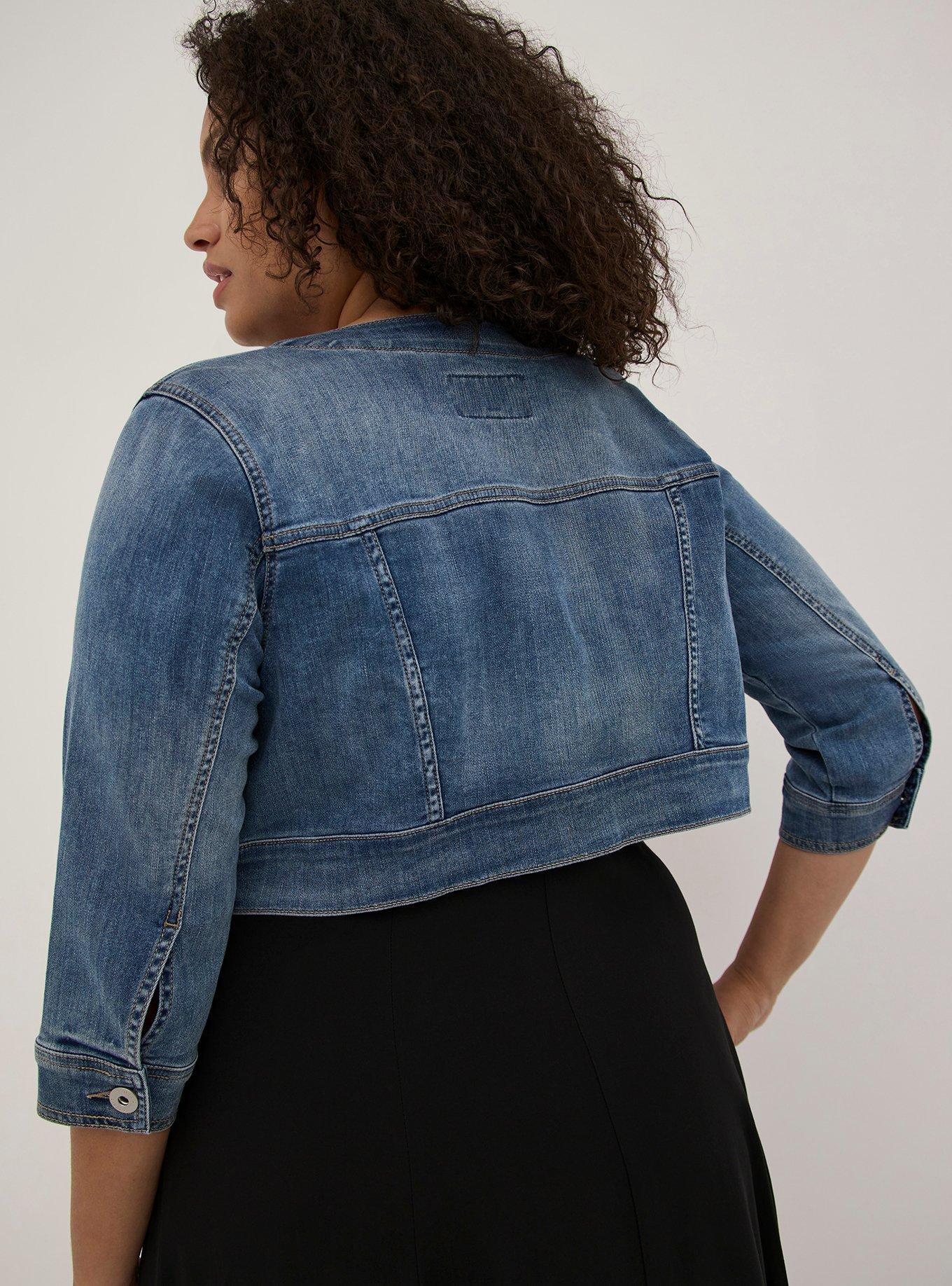 Plus Size Collarless Jacket Denim Medium Wash Torrid