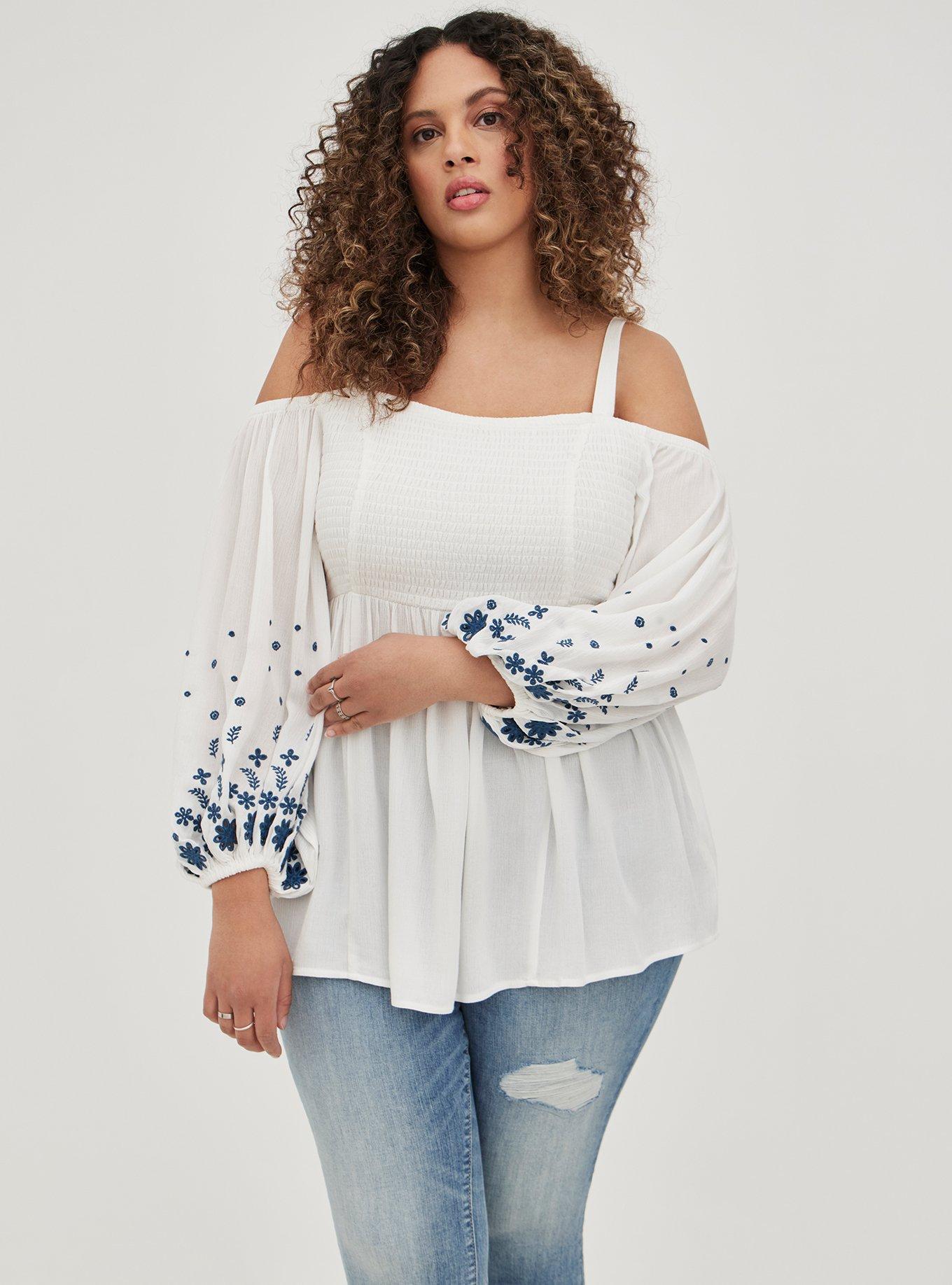Gauze Embroidered Smocked Cold Shoulder