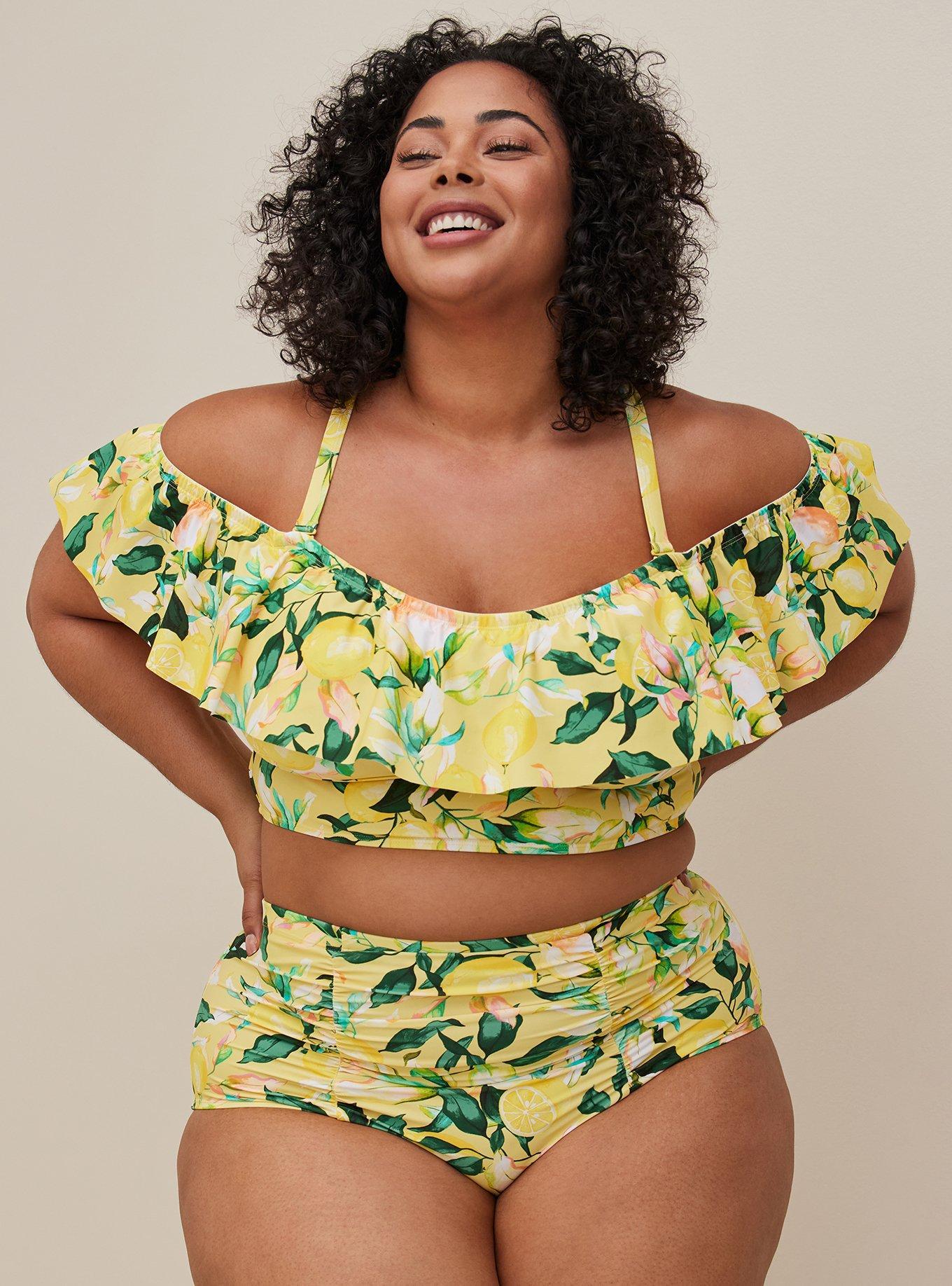 Plus Size - Off Shoulder Ruffle Swim Top - Lemon - Torrid