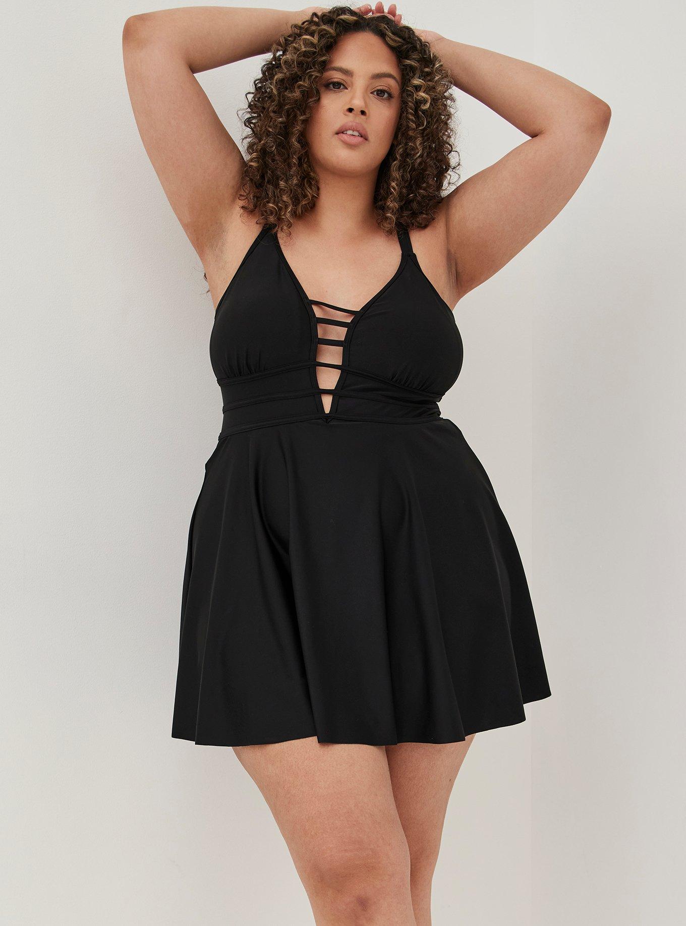 Strappy Plunge Long Length Swim Dress - Black, DEEP BLACK, hi-res