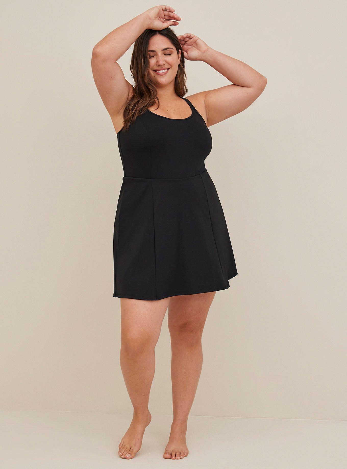 Plus Size Active Swim Dress with Shorts Underneath Matte Black Torrid