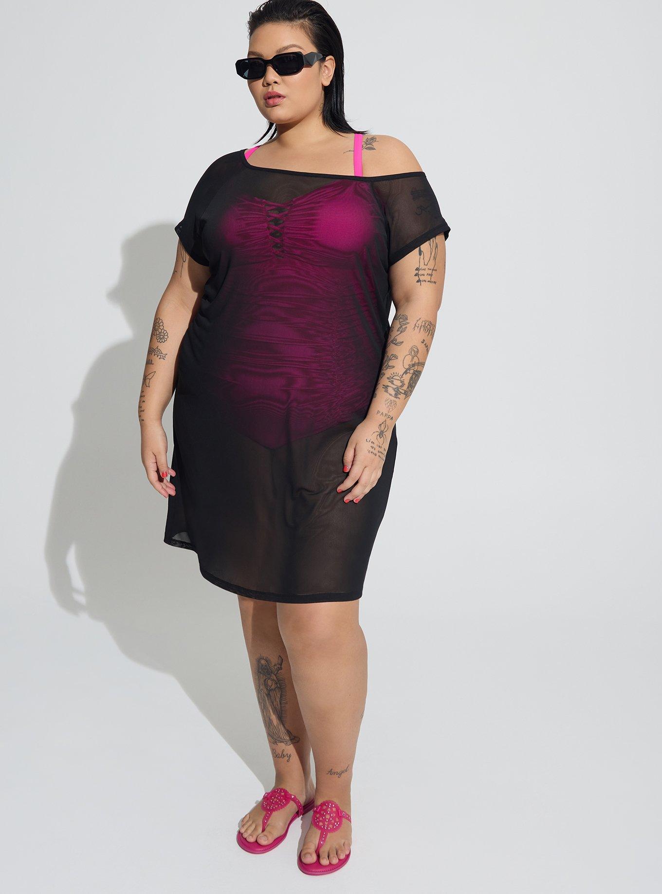 Plus Size Mesh Off-Shoulder Coverup Dress, DEEP BLACK, alternate