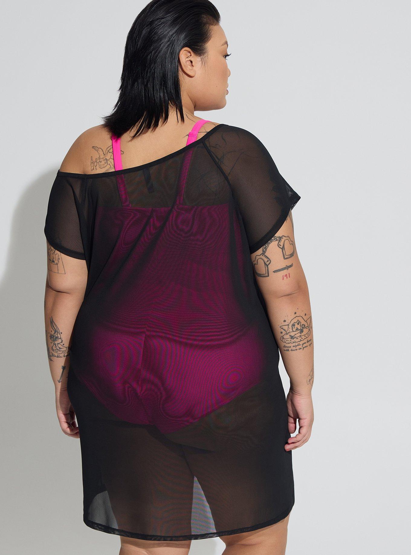 Plus Size Mesh Off-Shoulder Coverup Dress, DEEP BLACK, alternate