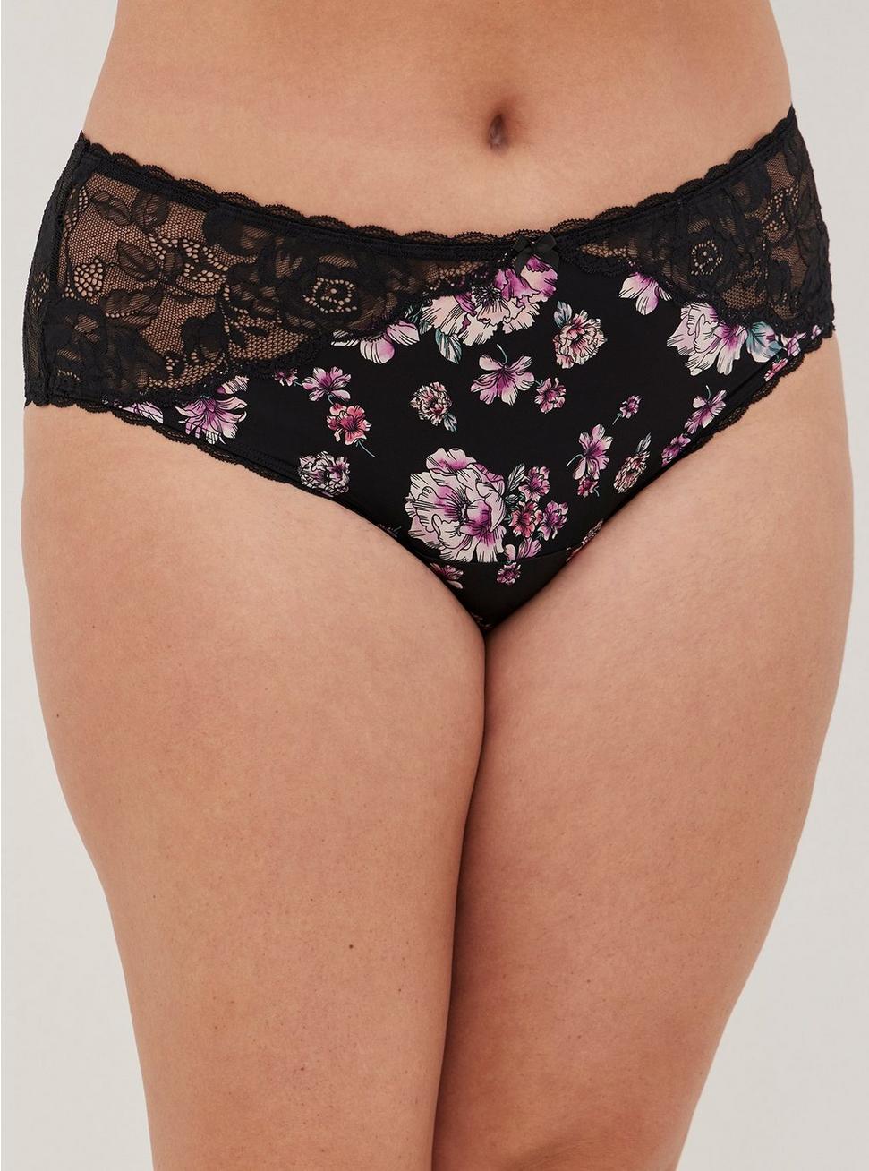 Microfiber And Lace Mid-Rise Hipster Panty, WATERCOLOR EXPLOSION FLORAL RICH BLACK, alternate