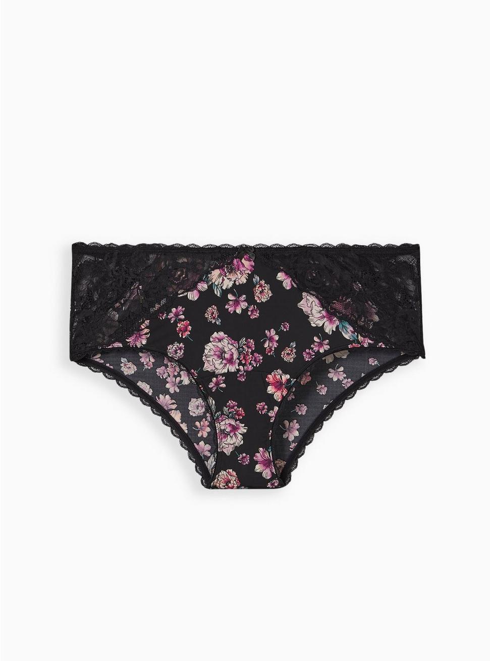 Microfiber And Lace Mid-Rise Hipster Panty, WATERCOLOR EXPLOSION FLORAL RICH BLACK, hi-res