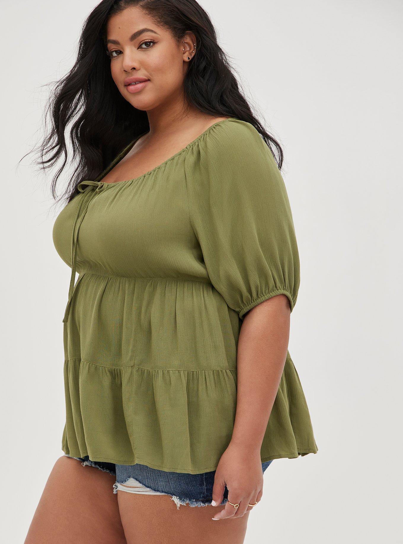 Plus Size Babydoll Crinkle Gauze Tiered Top, OLIVE, alternate