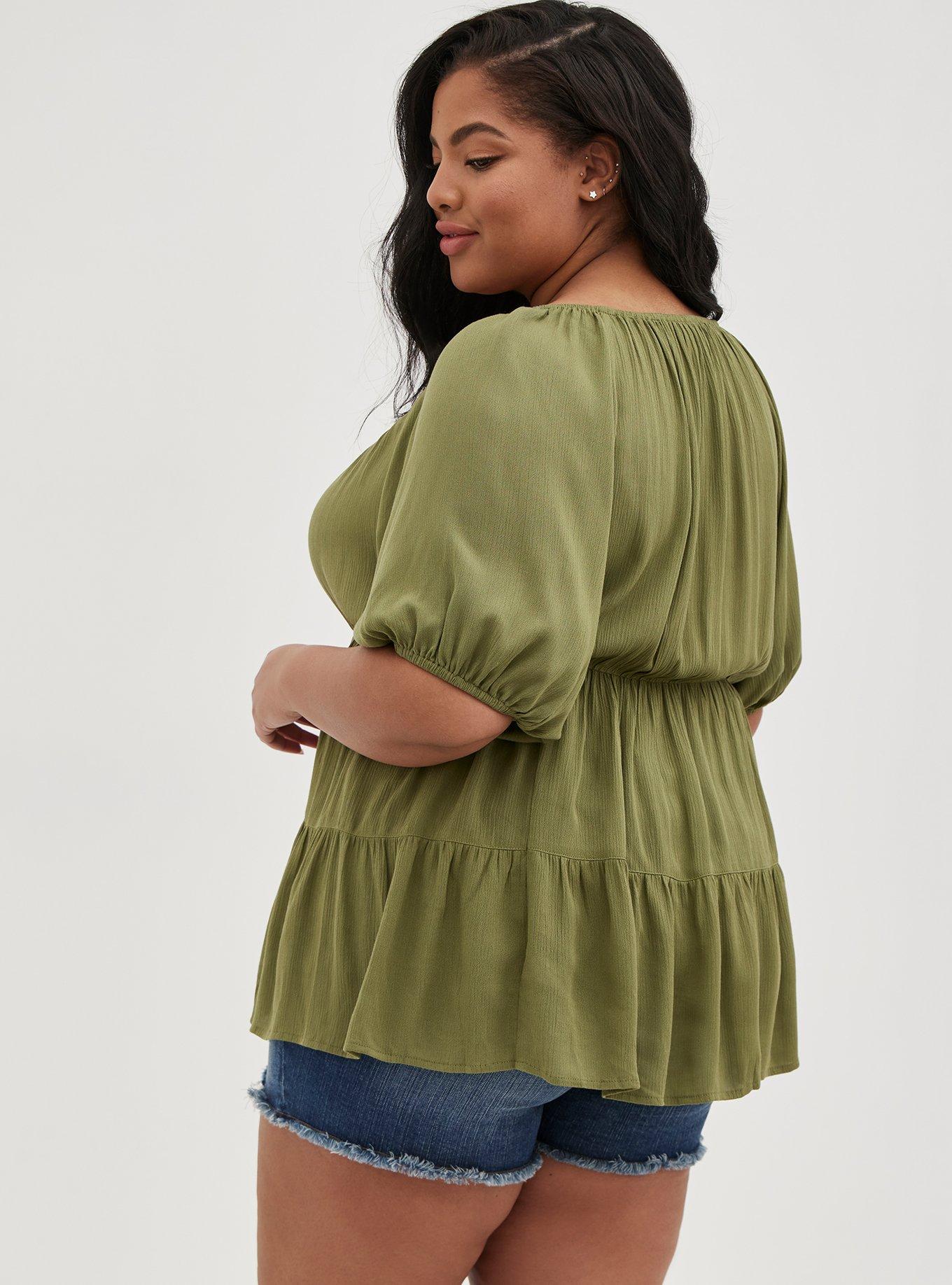 Plus Size Babydoll Crinkle Gauze Tiered Top, OLIVE, alternate
