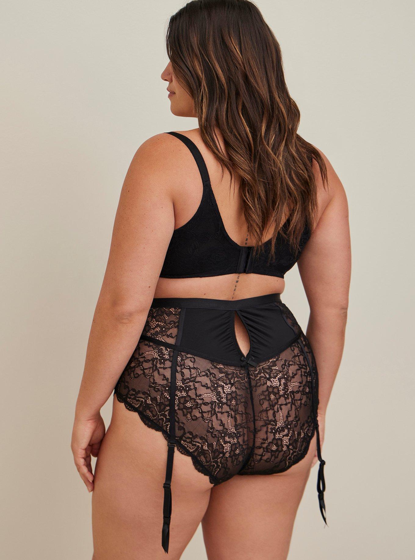 Retro Microfiber And Lace Cheeky Panty With Garter, RICH BLACK, alternate