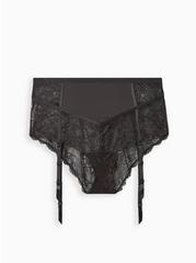 Retro Microfiber And Lace Cheeky Panty With Garter, RICH BLACK, hi-res