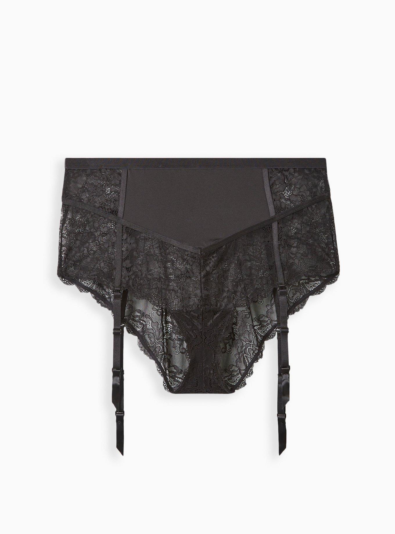 Retro Microfiber And Lace Cheeky Panty With Garter, RICH BLACK, hi-res