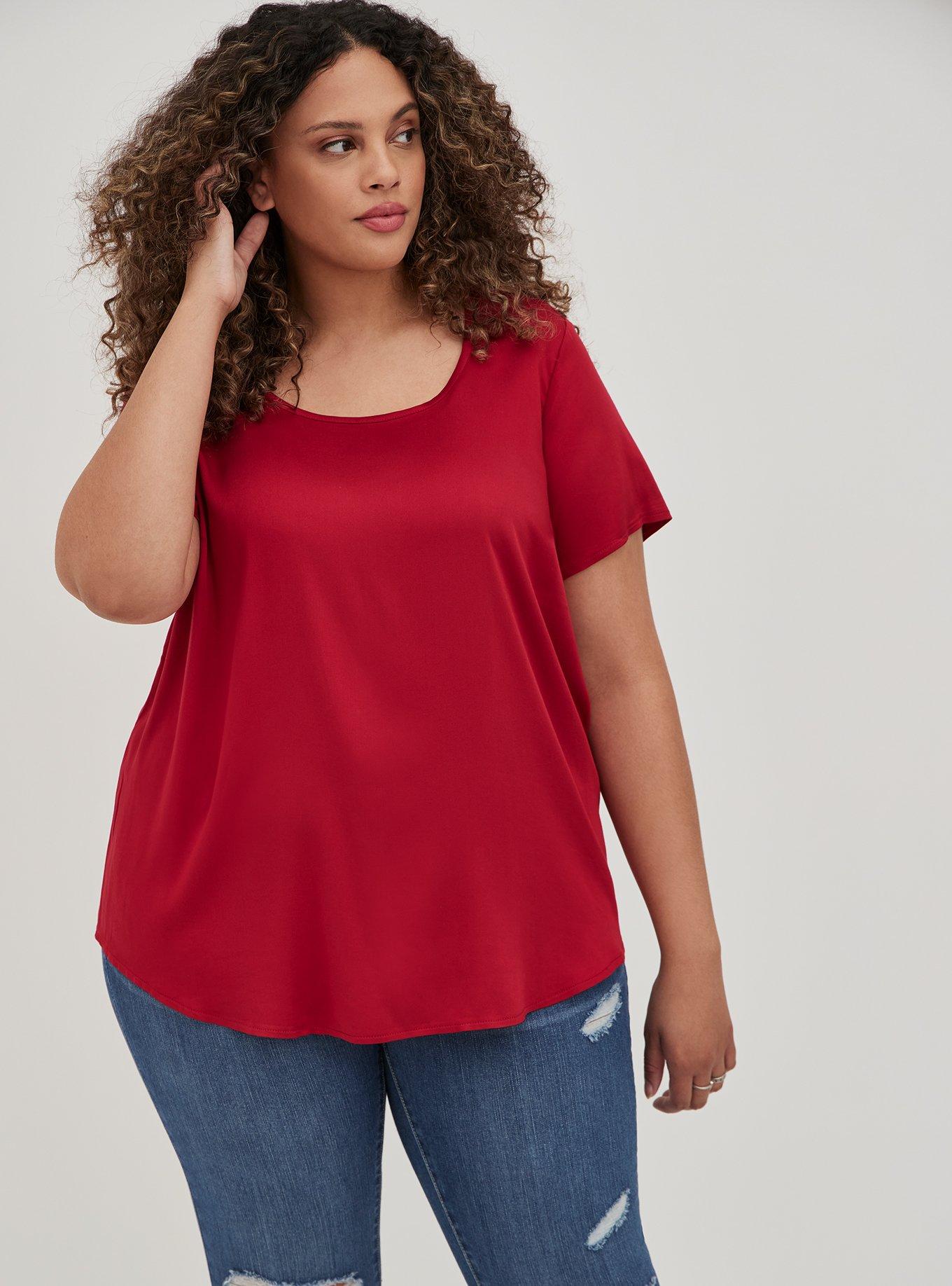 Plus Size Abbey Blouse - Stretch Challis Red, RED, alternate