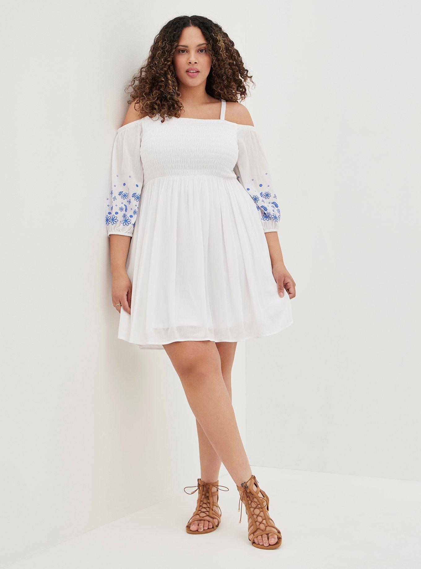 Plus Size Mini Gauze Cold Shoulder Dress, BRIGHT WHITE, alternate