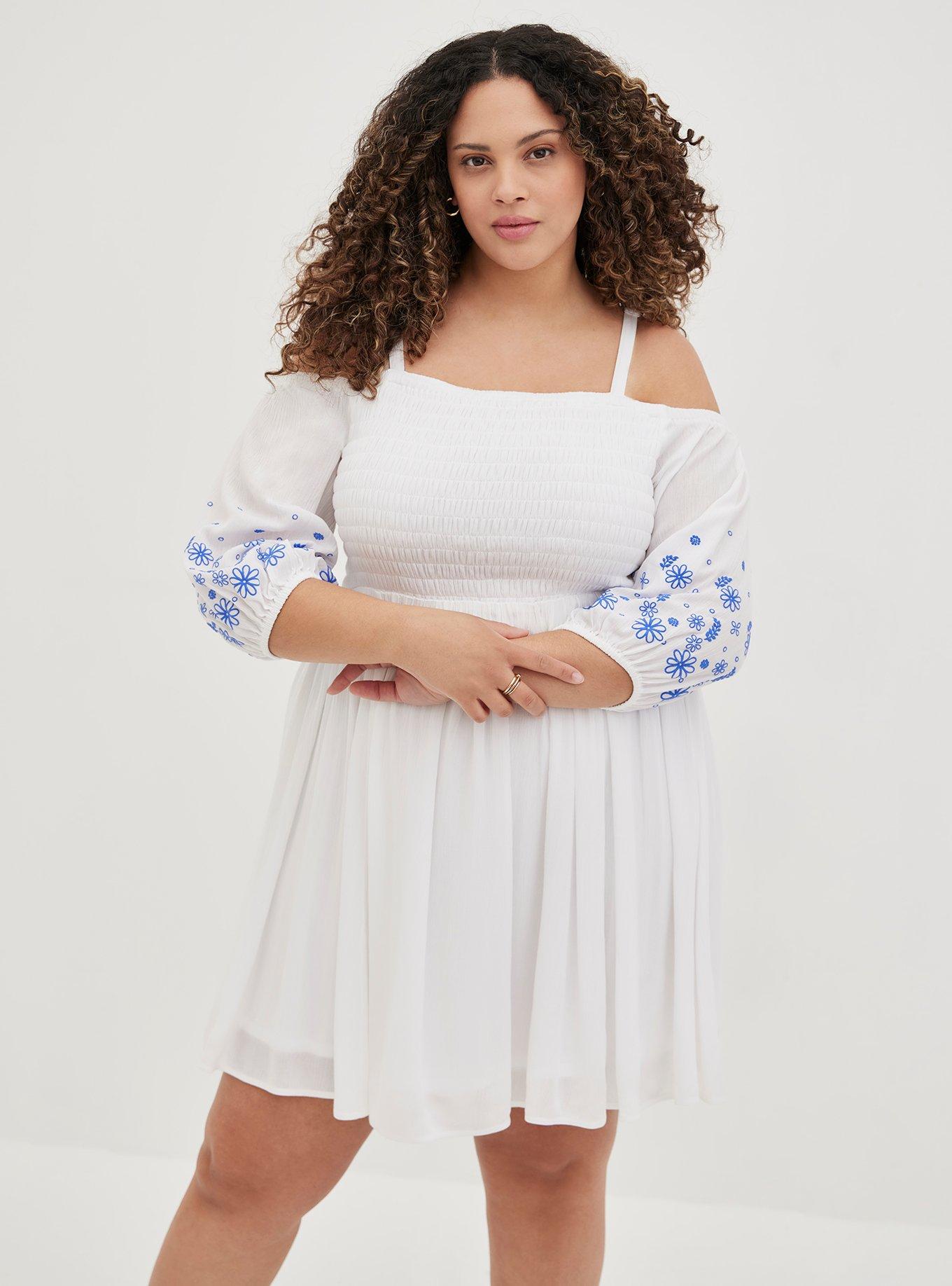 Plus Size Mini Gauze Cold Shoulder Dress, BRIGHT WHITE, alternate