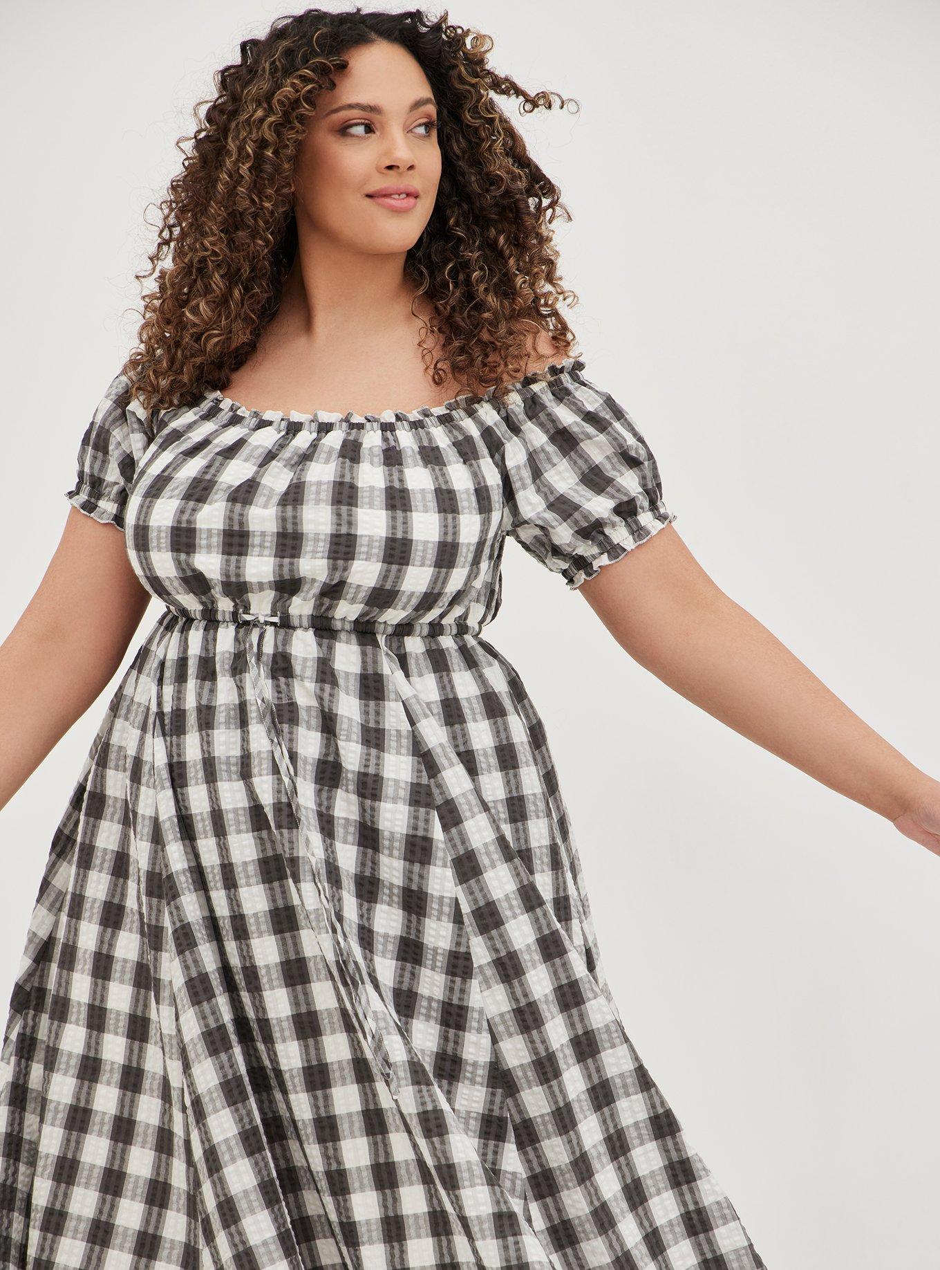 Plus Size - Off-Shoulder Peasant Midi Dress - Seersucker Gingham