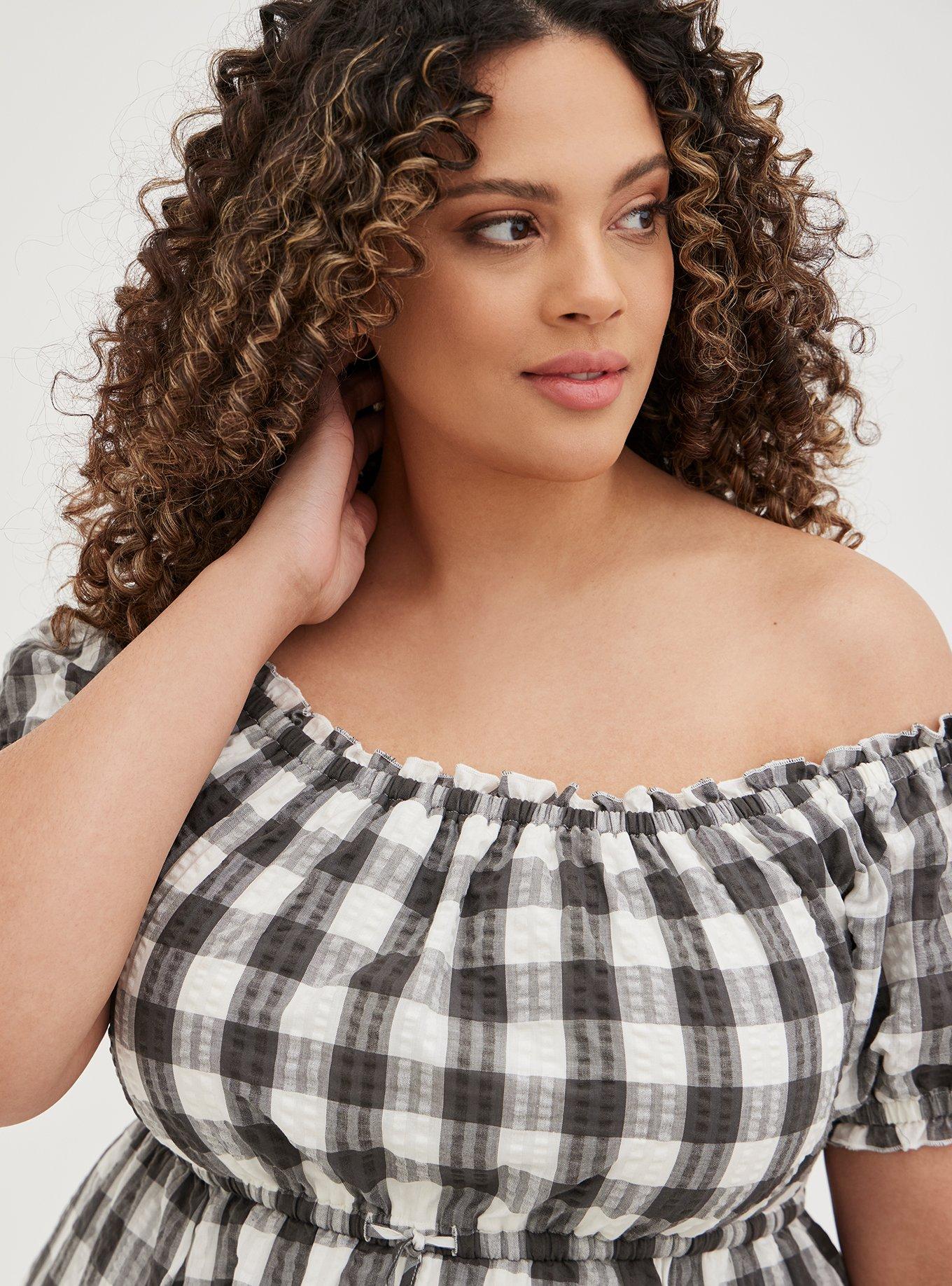 Plus Size - Off-Shoulder Peasant Midi Dress - Seersucker Gingham Grey &  White - Torrid