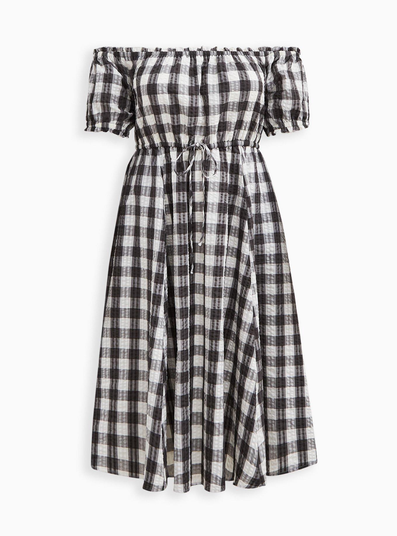 Stylish Pink And Grey Plaid Strapless Off Shoulder Gingham Dress