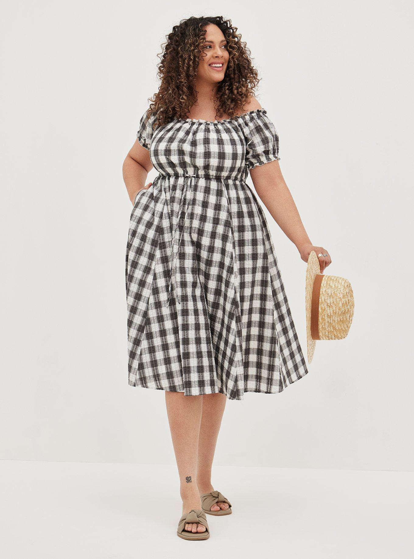 Stylish Pink And Grey Plaid Strapless Off Shoulder Gingham Dress