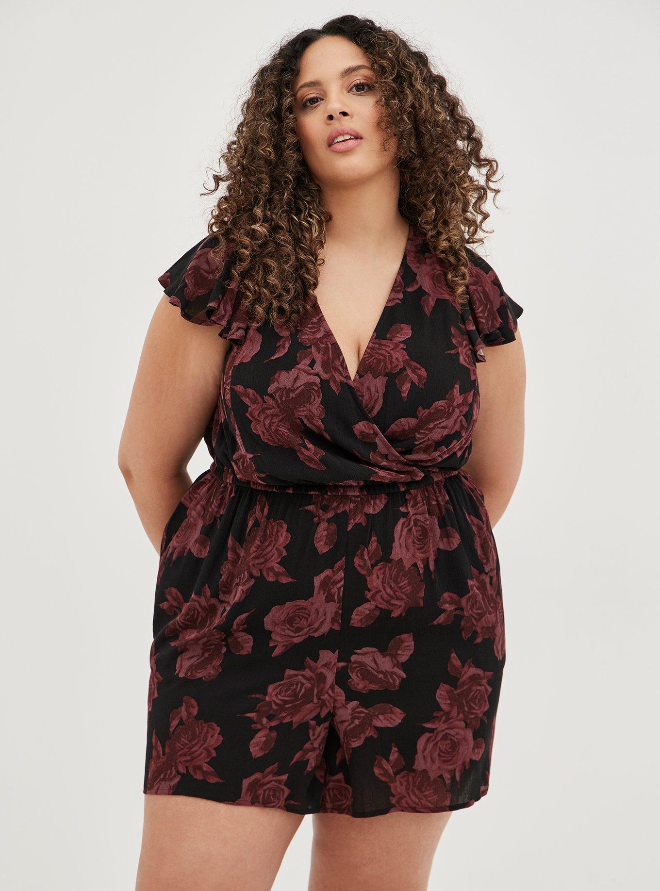 Plus Size Gauze Surplice Romper, FLORAL BLACK, alternate