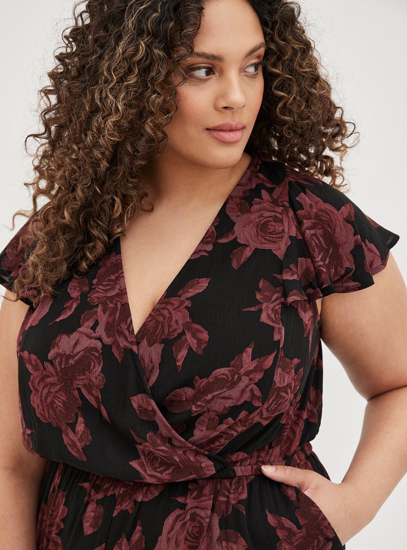 Plus Size Gauze Surplice Romper, FLORAL BLACK, alternate