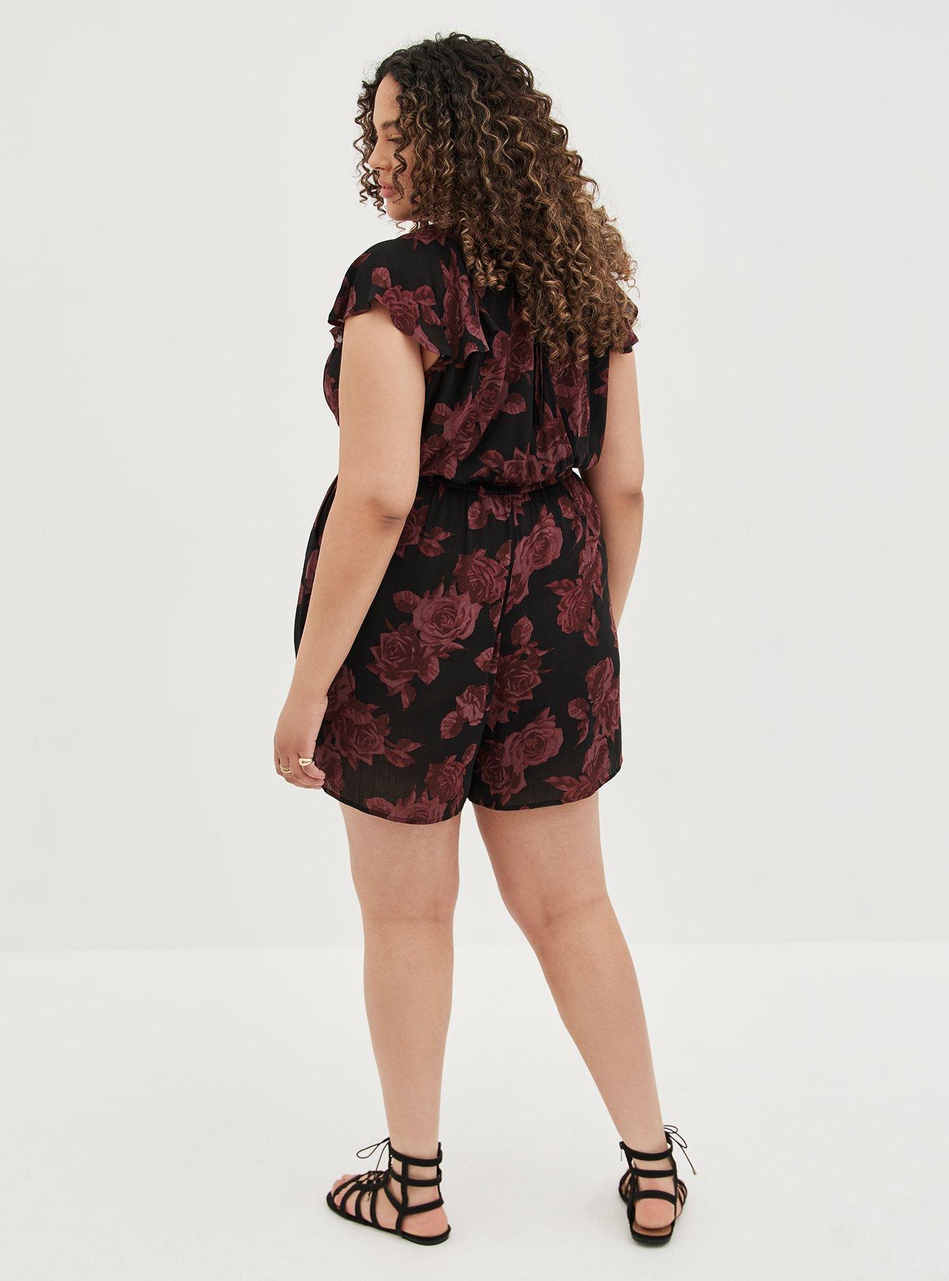 Plus Size Gauze Surplice Romper, FLORAL BLACK, alternate