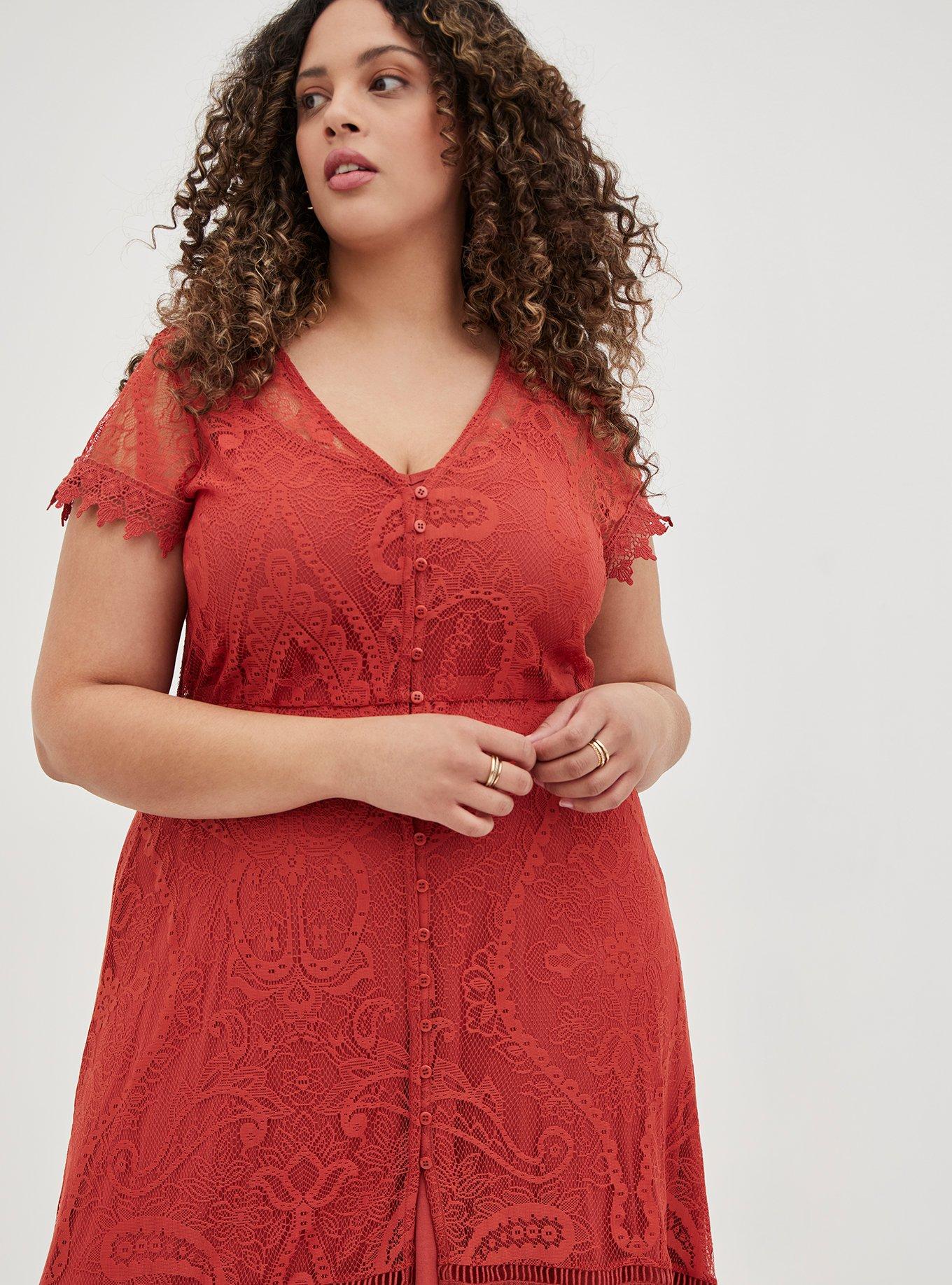 Plus Size - Hi-Lo Button Front Maxi Dress - Lace Rust - Torrid