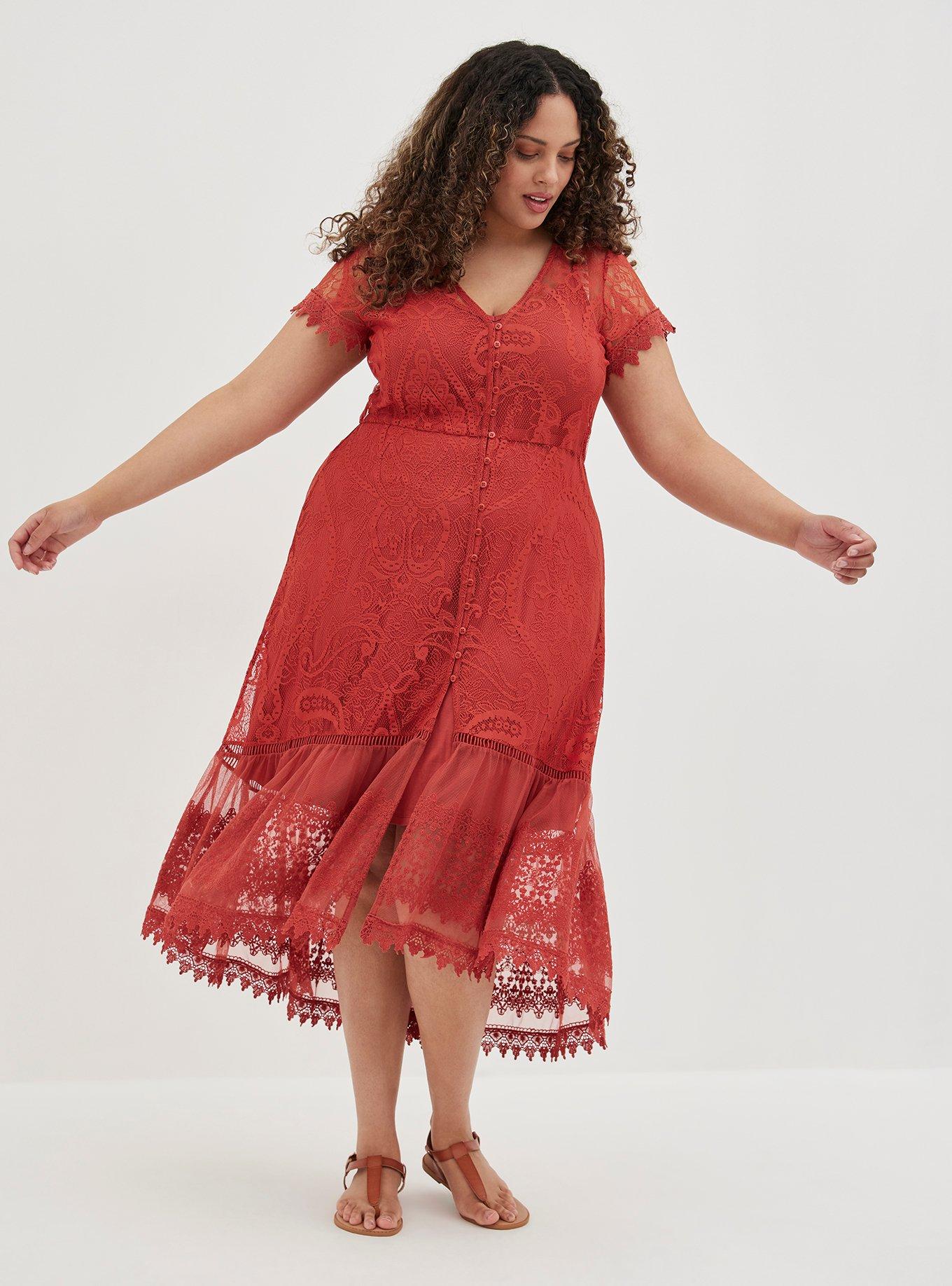 Plus Size - Hi-Lo Button Front Maxi Dress - Lace Rust - Torrid