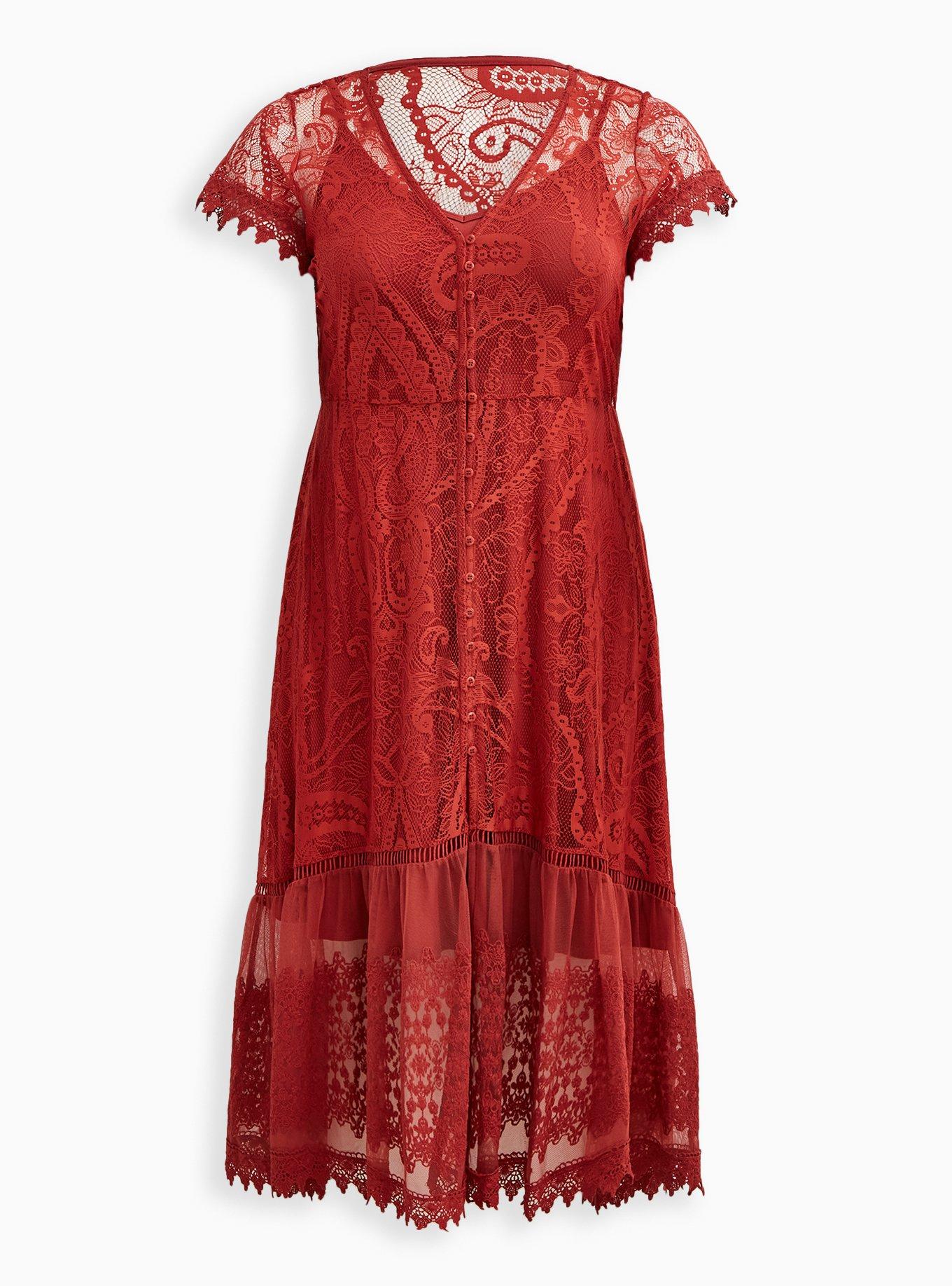 Hi-Lo Button Front Maxi Dress - Lace Rust, , hi-res